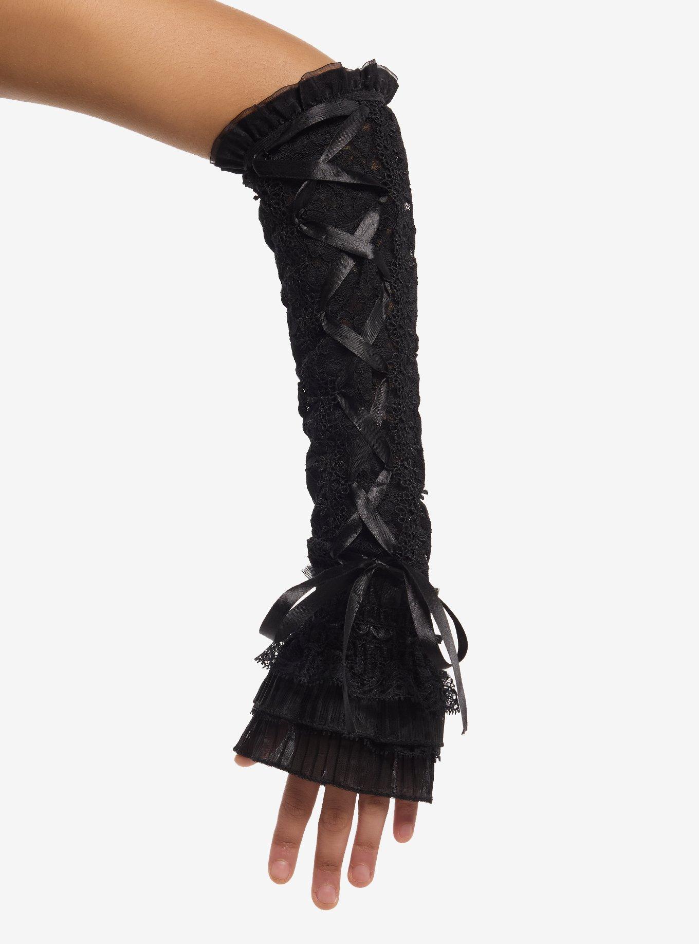 Black Ruffle Lace-Up Arm Warmers, , hi-res