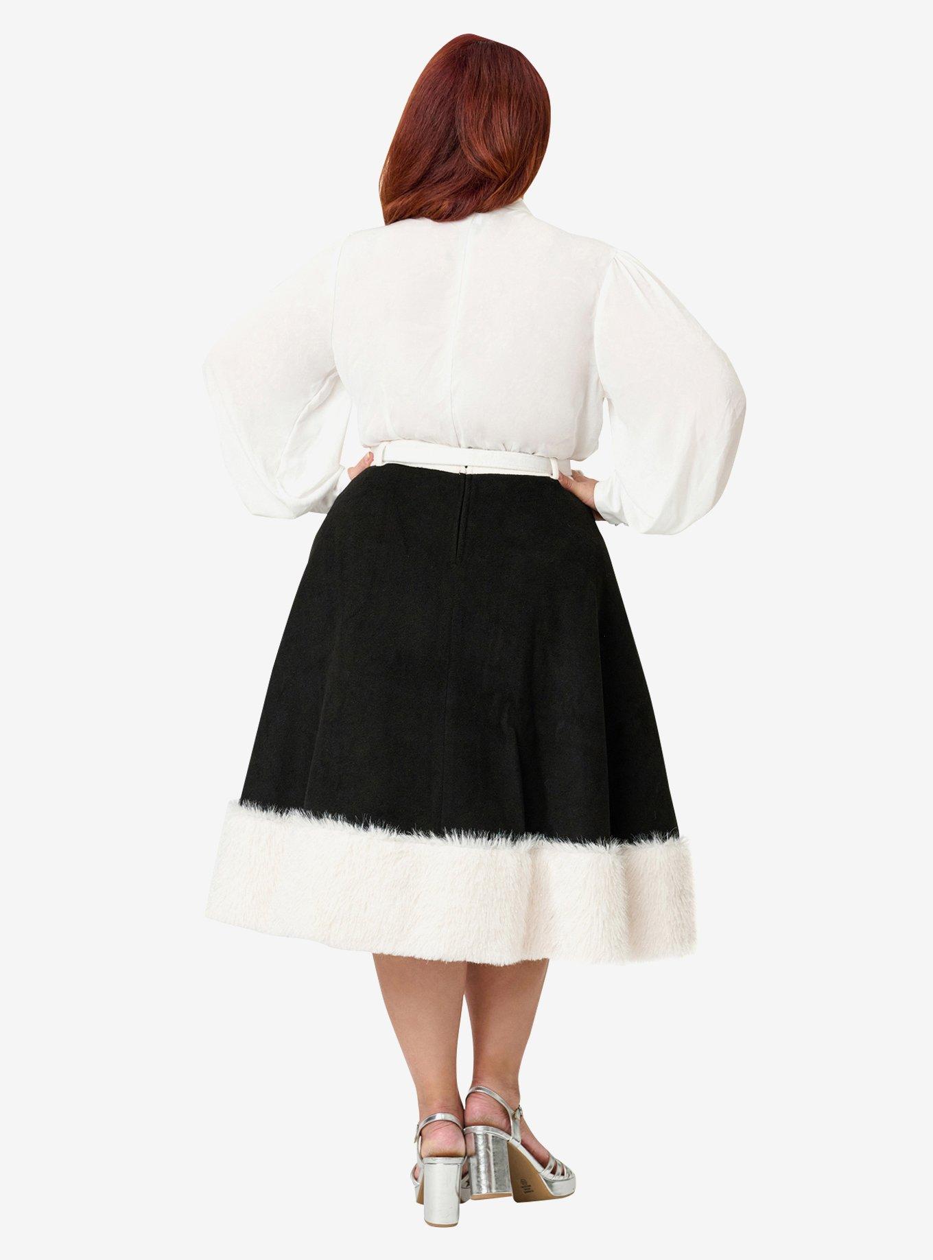 Unique Vintage Plus Size Black Felt & White Fur Snowflake Soda Shop Swing Skirt, , hi-res