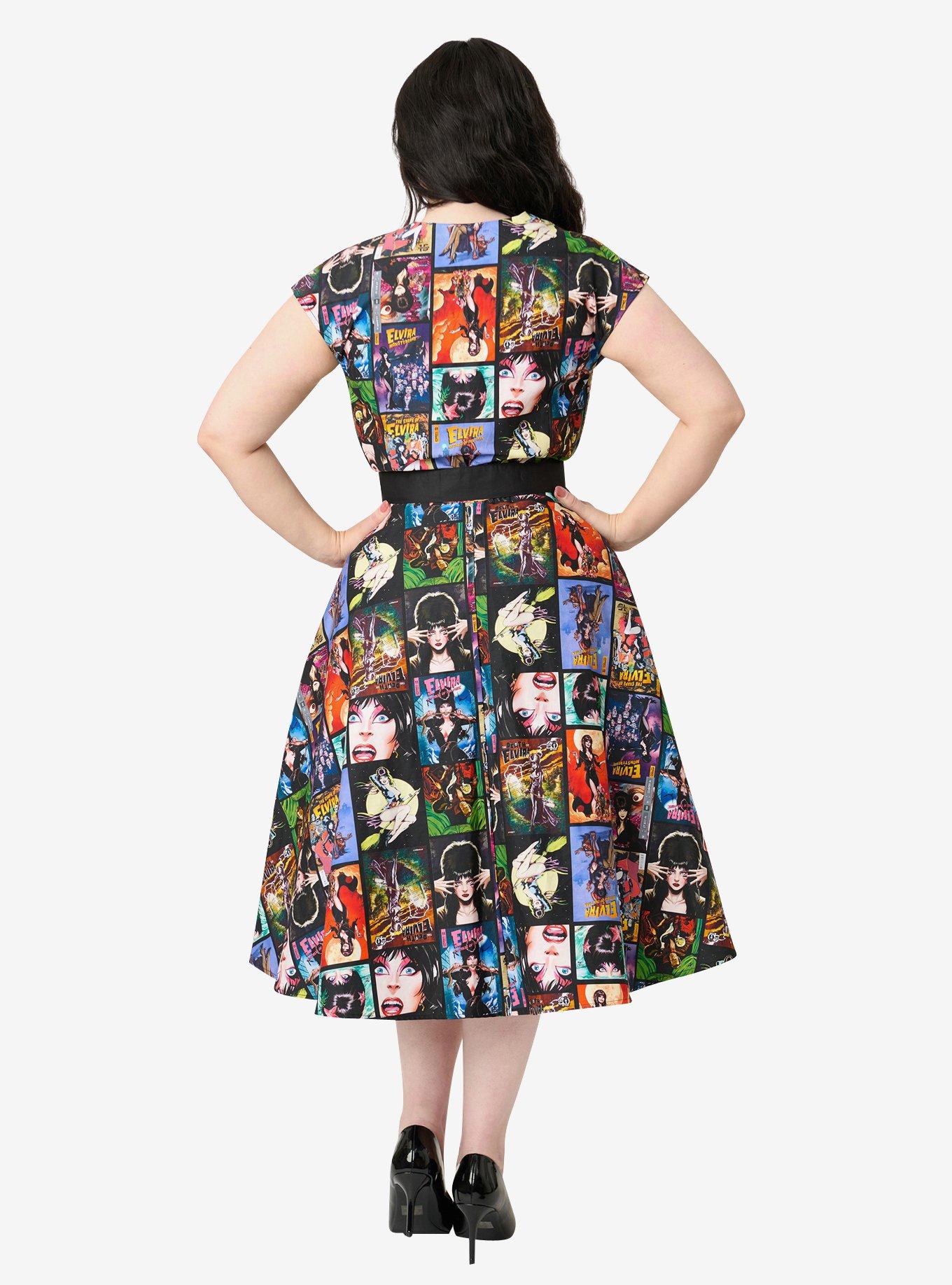 Elvira x Unique Vintage Plus Size Elvira Comic Print Hedda Swing Dress, , hi-res