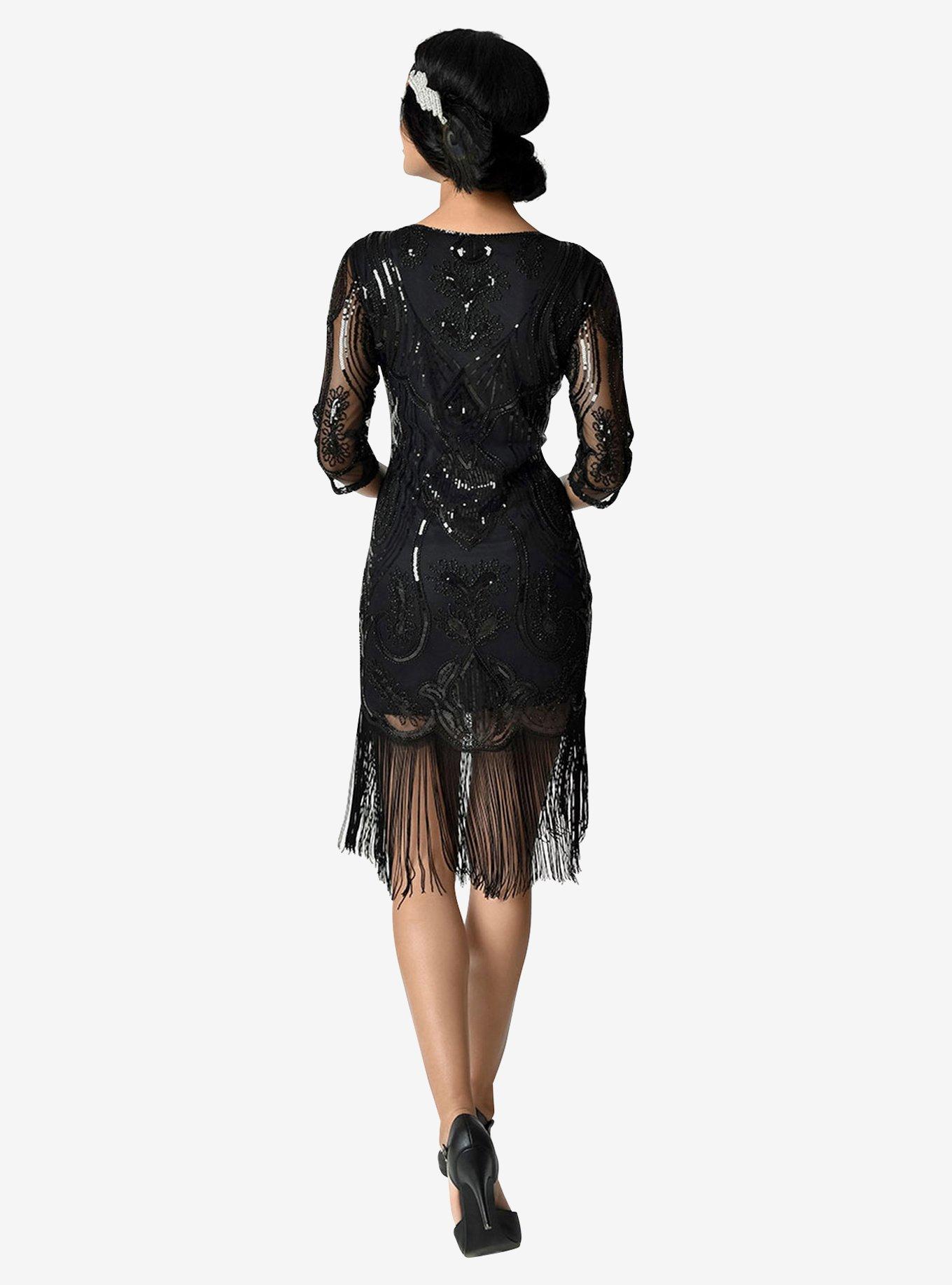 Unique Vintage 1920s Black Beaded & Sequin Margaux Sleeved Fringe Cocktail Dress, , hi-res