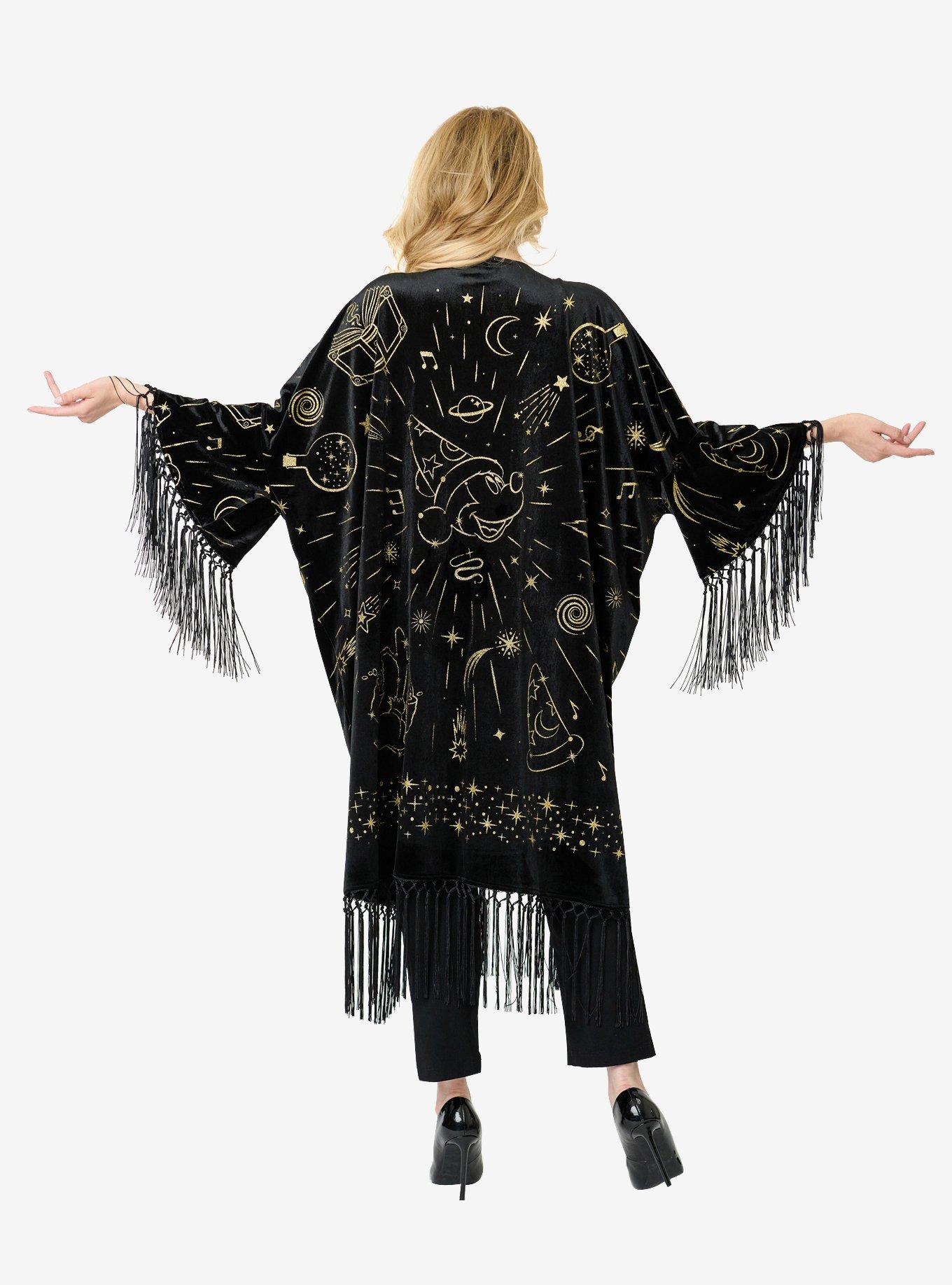 Disney Fantasia Collection by Unique Vintage Sorcerers Apprentice Black Velvet Fringe Kimono, , hi-res