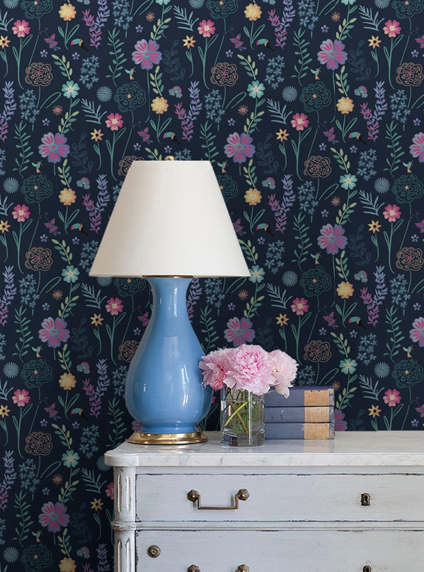 Disney Encanto Navy Embroidery Floral Wallpaper, , hi-res