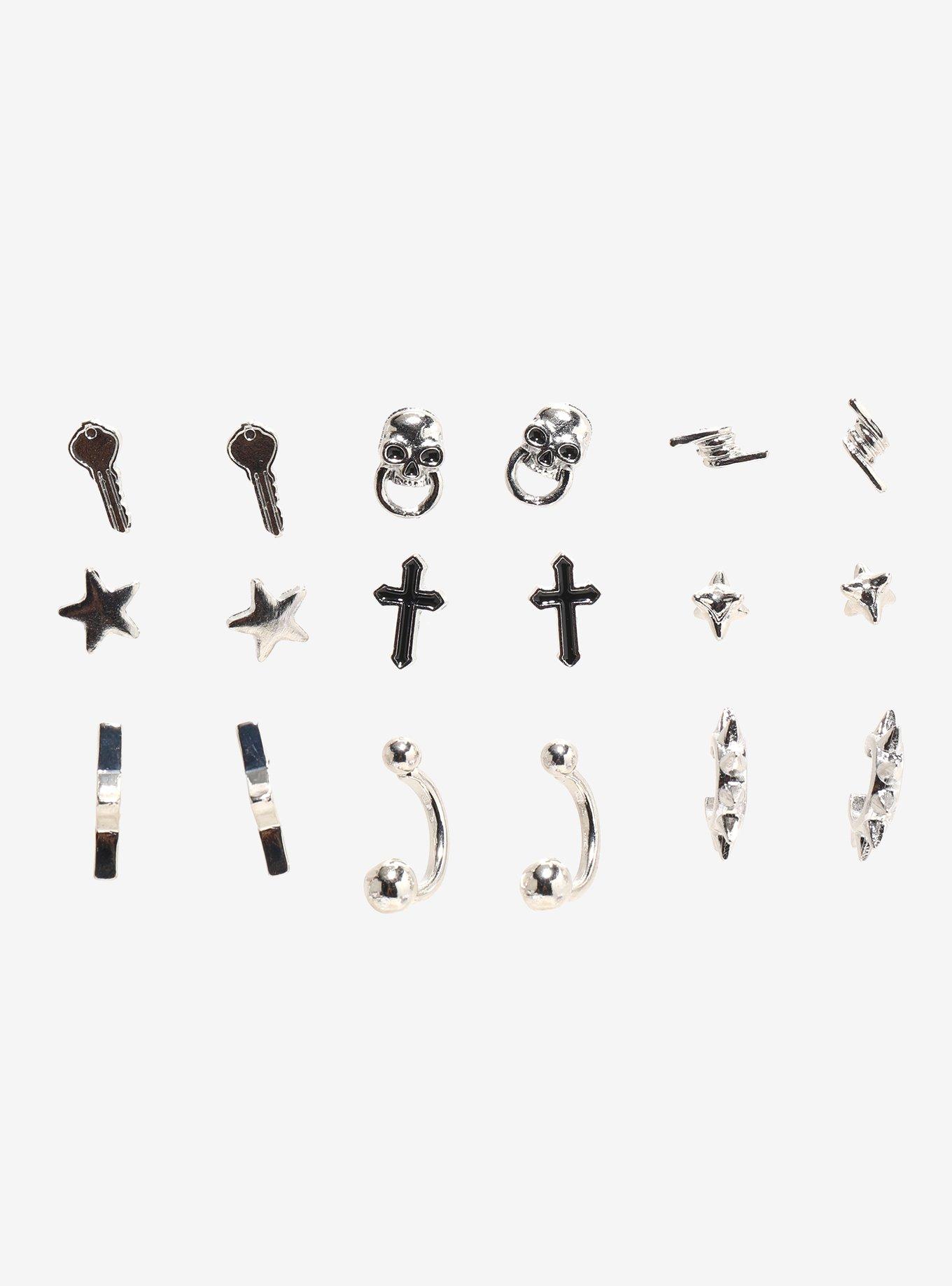 Social Collision Skull Key Spike Stud Earring Set, , hi-res
