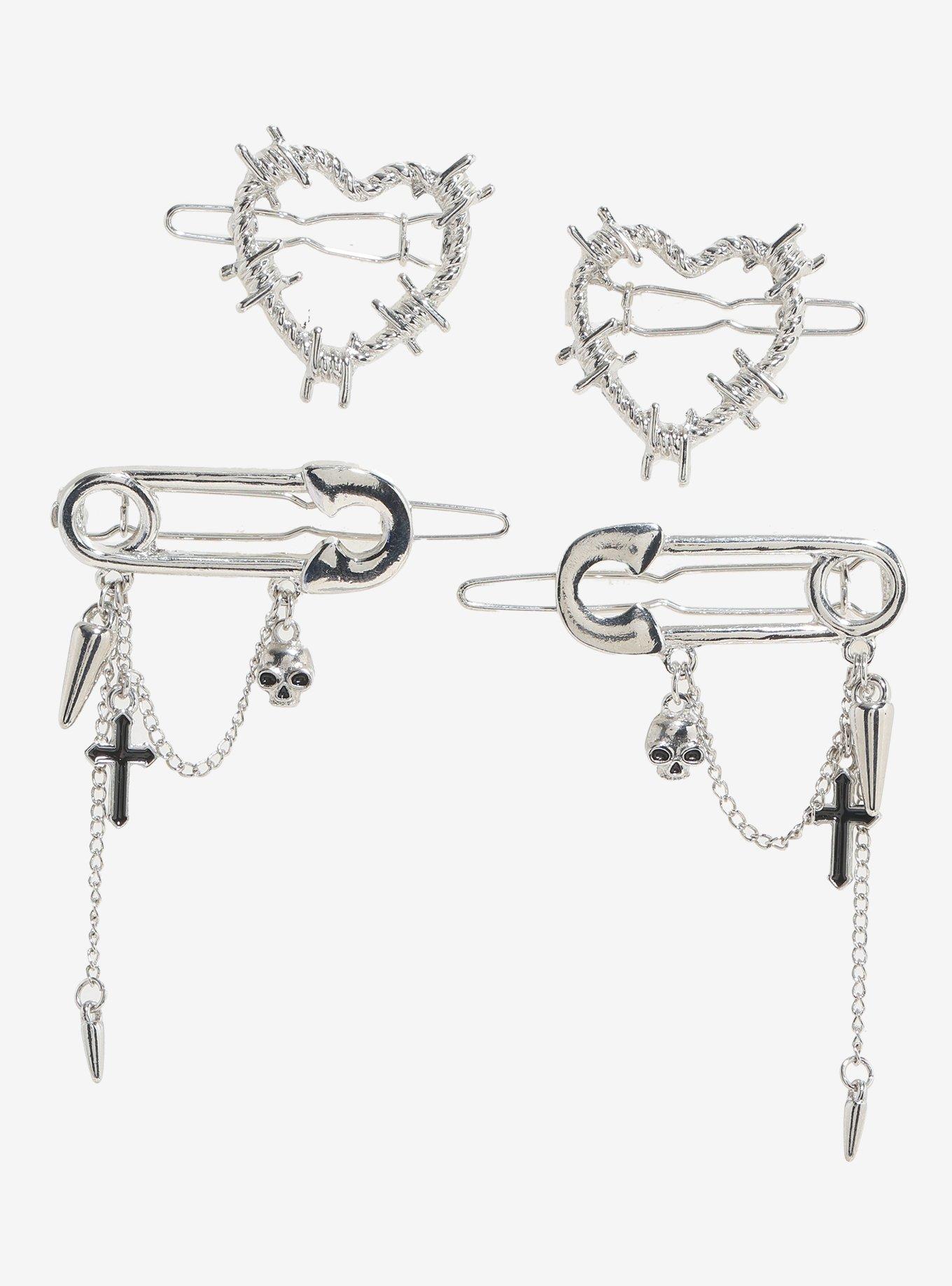 Social Collision Safety Pin Barbed Wire Heart Hair Clip Set, , hi-res
