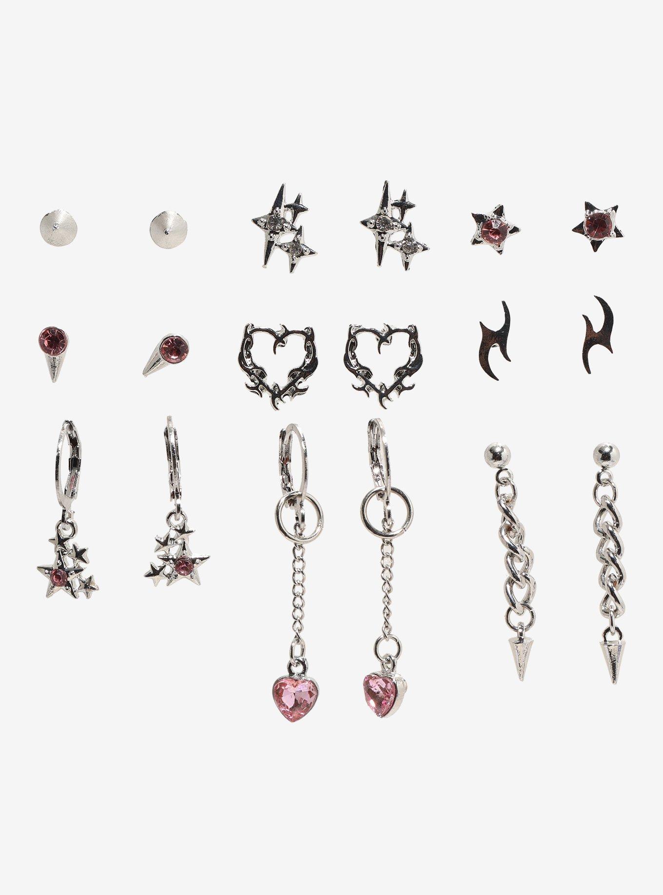 Social Collision Pink Gem Cyber Heart Earring Set, , hi-res