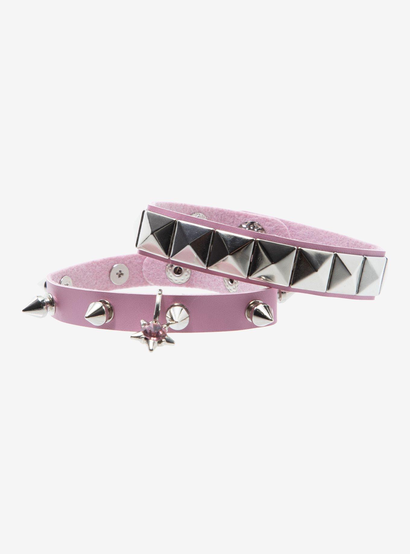 Social Collision Pink Pyramid Stud & Spike Cuff Bracelet Set, , hi-res