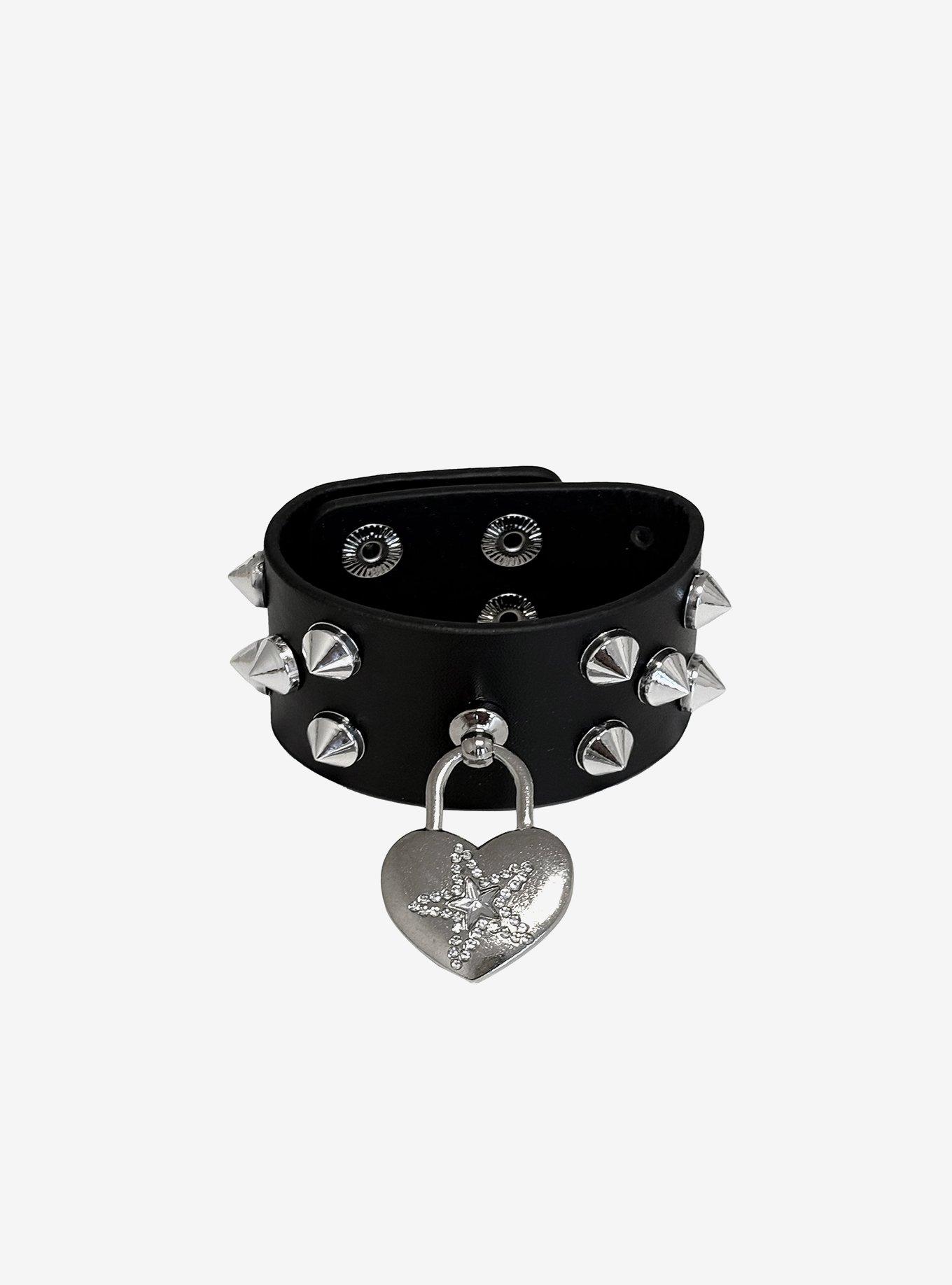 Social Collision Star Heart Padlock Spiky Cuff Bracelet, , hi-res