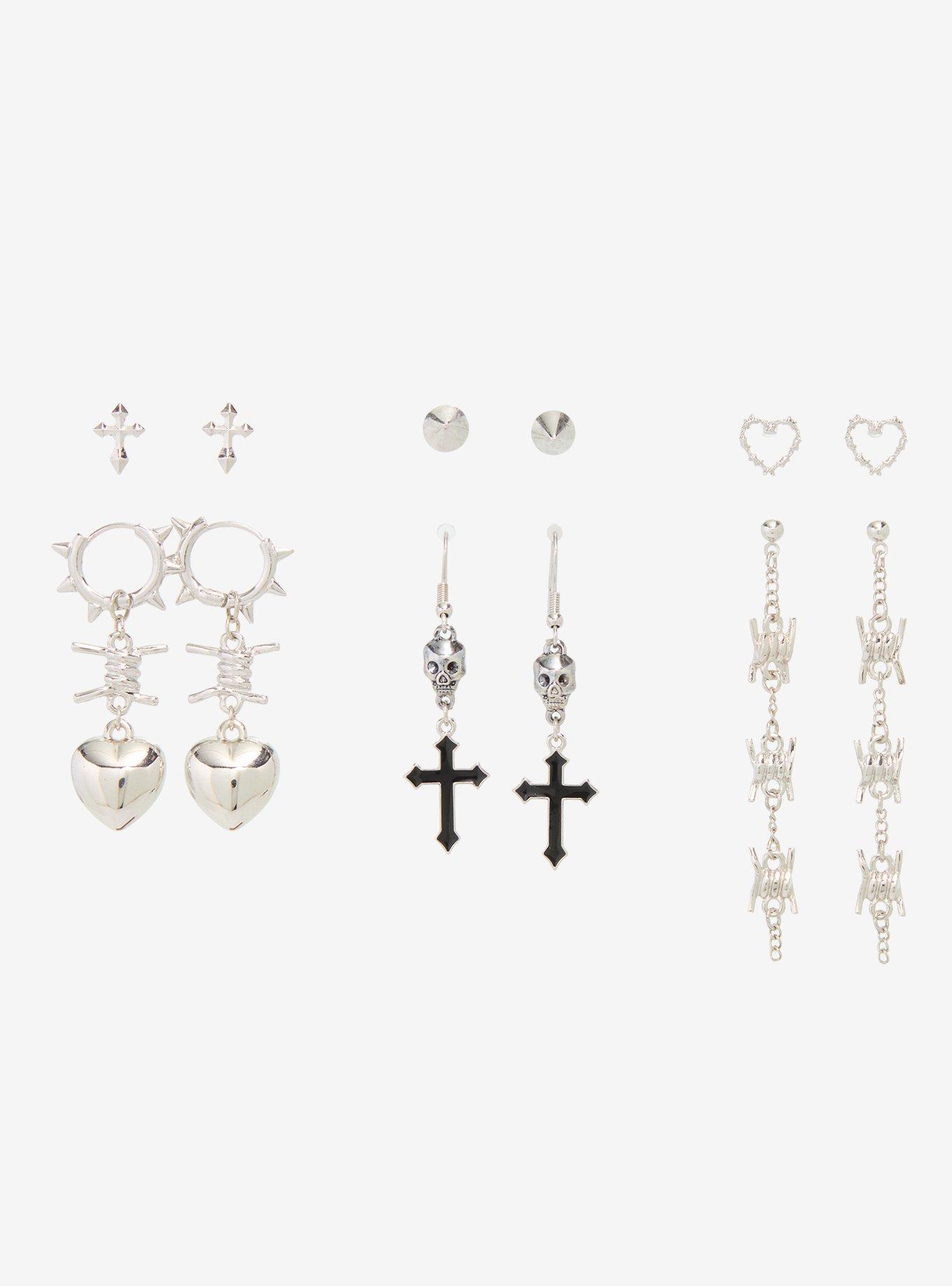 Social Collision Spike Skull Barbed Wire Earring Set, , hi-res