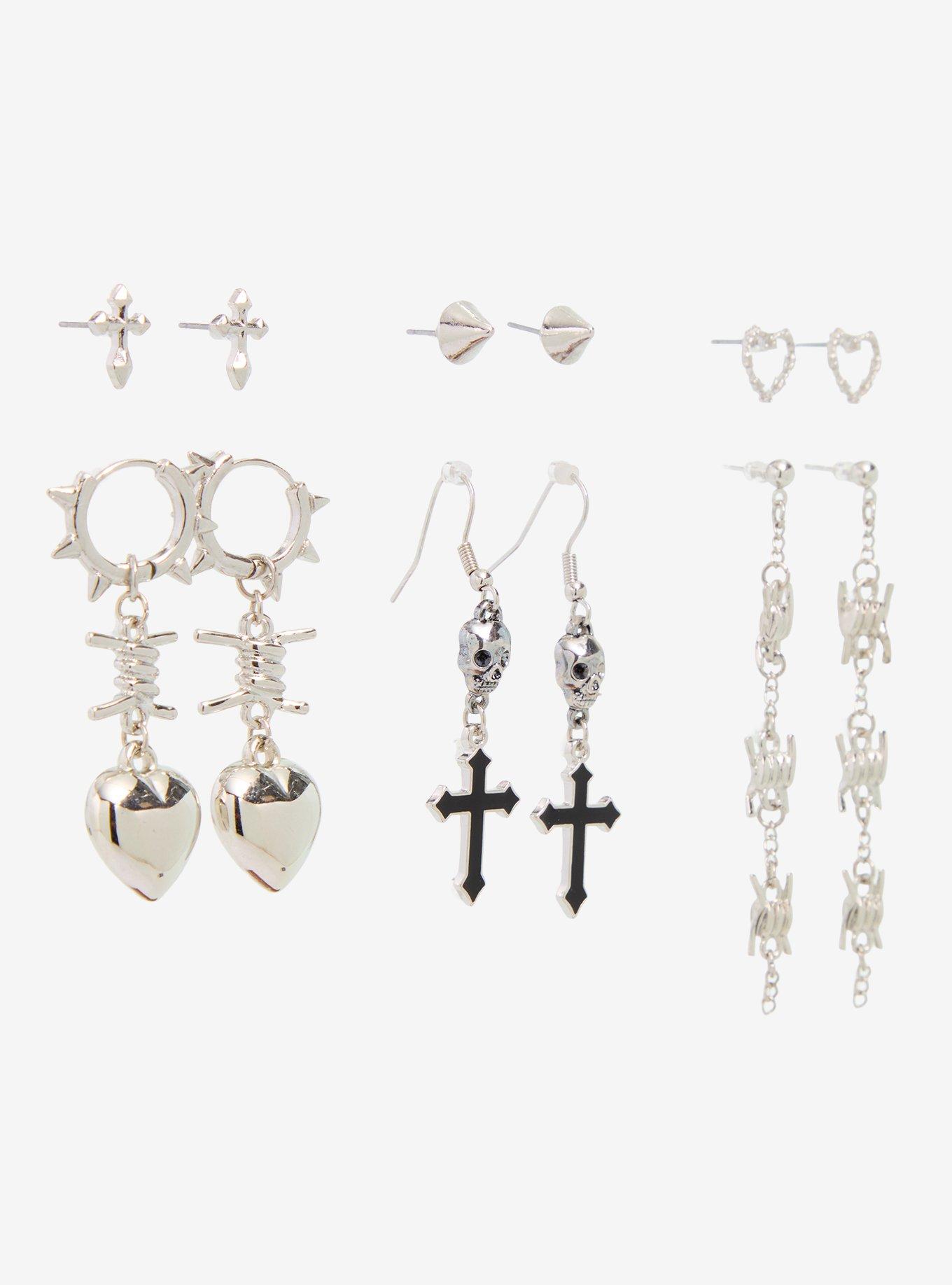 Social Collision Spike Skull Barbed Wire Earring Set, , alternate