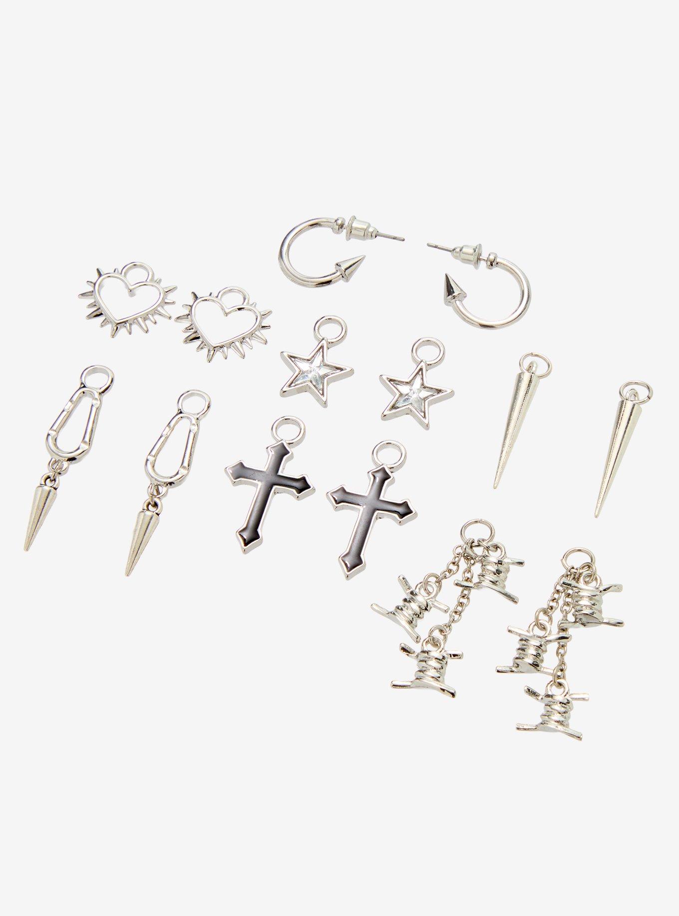 Social Collision Cross Spike Carabiner Interchangeable Charms Hoop Earrings, , alternate