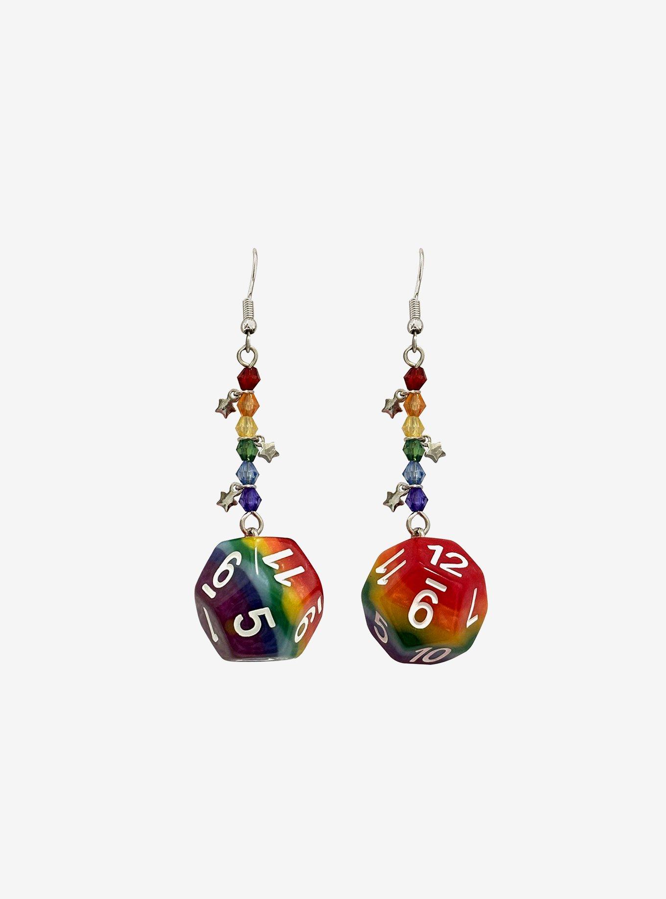 Rainbow D20 Dice Bead Earrings, , hi-res