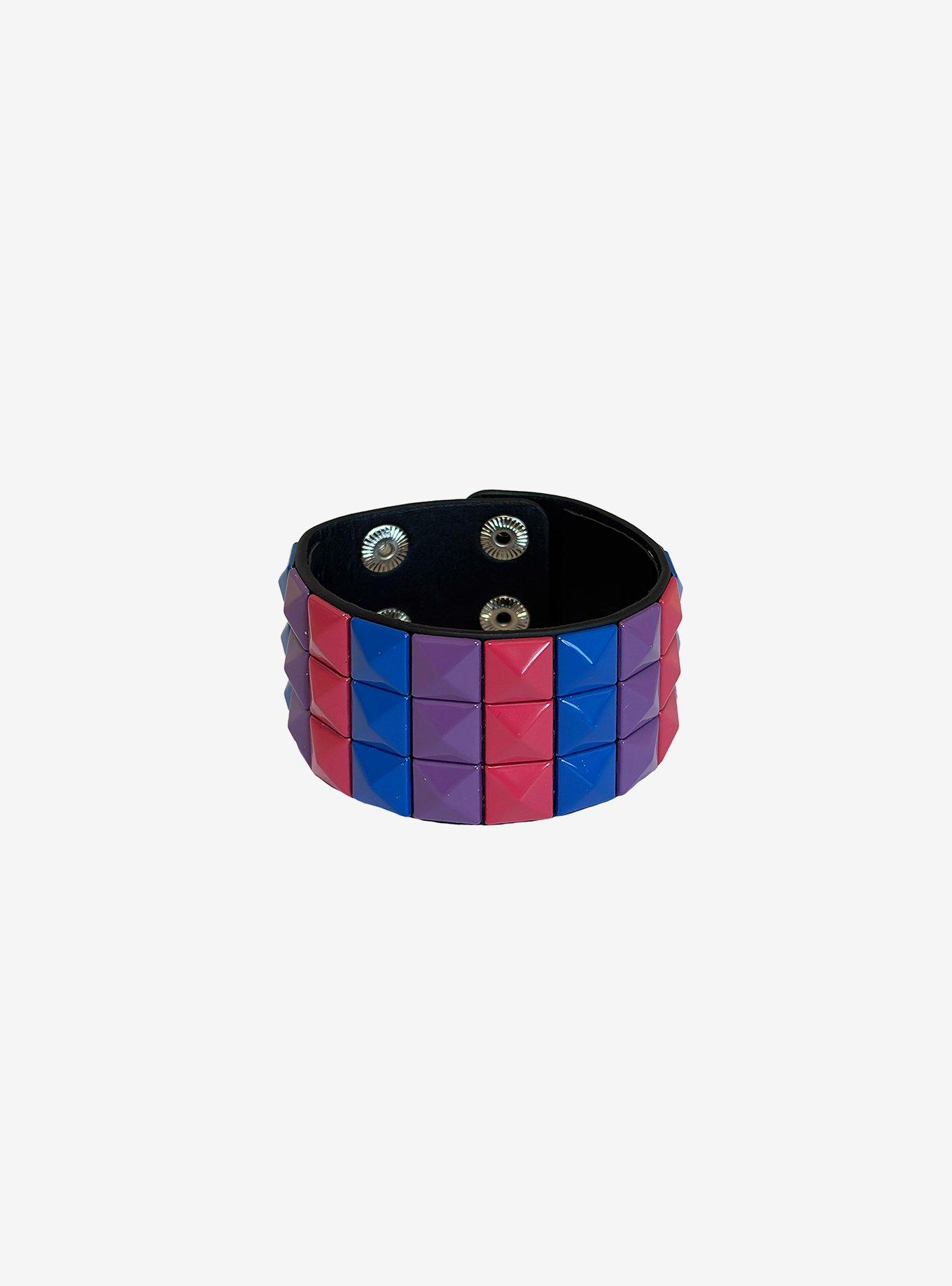 Bisexual Pride Flag Pyramid Stud Cuff Bracelet, , hi-res