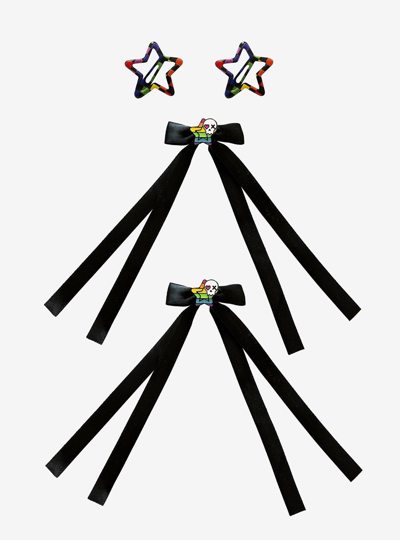 Rainbow Star Skull Bow Hair Clip Set, , hi-res