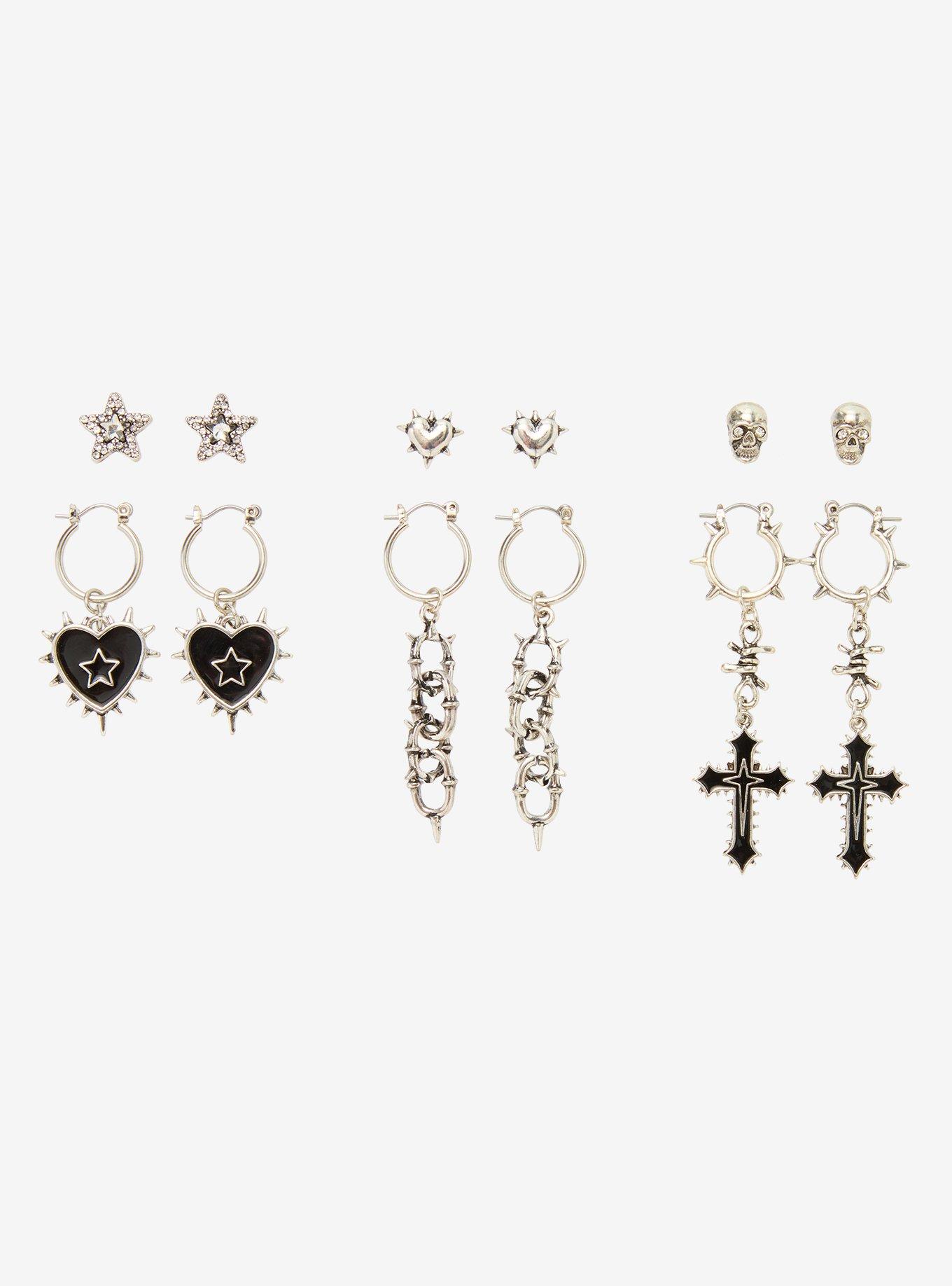 Social Collision Spiked Heart Cross Earring Set, , hi-res