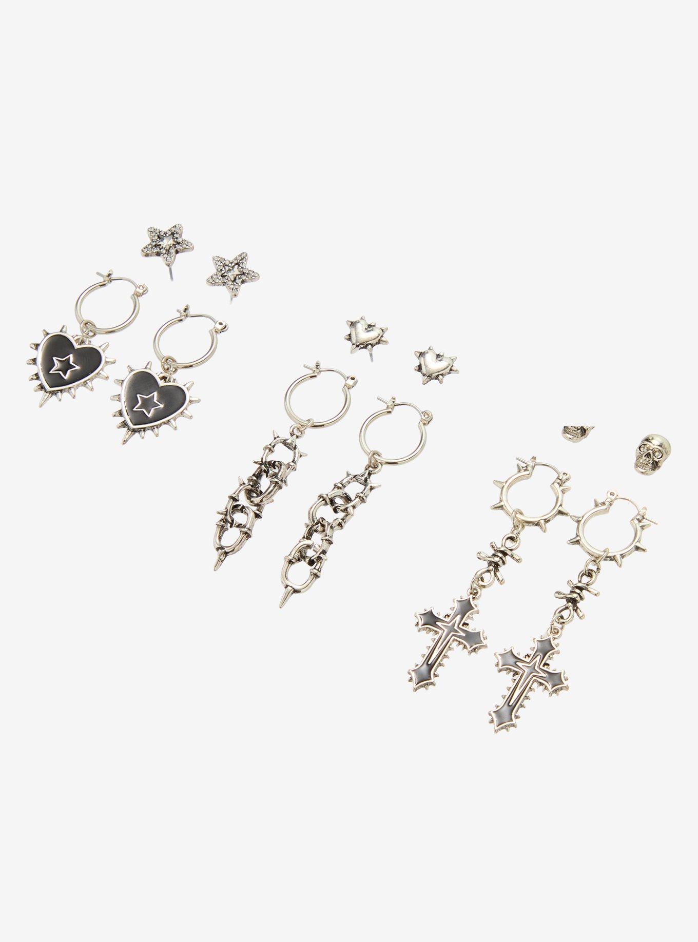 Social Collision Spiked Heart Cross Earring Set, , alternate