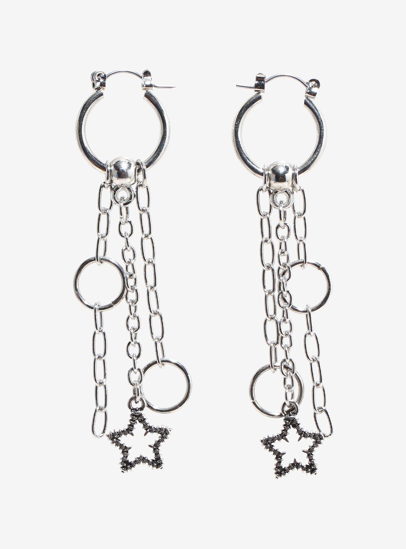 Social Collision Star Barbed Wire Chain Hoop Earrings, , hi-res