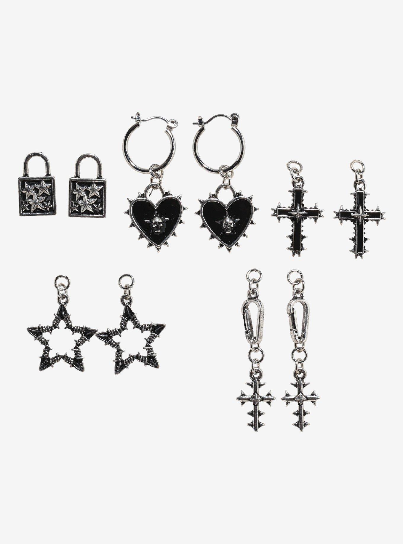 Social Collision Spike Heart Cross Star Interchangeable Charm Earring Set, , hi-res