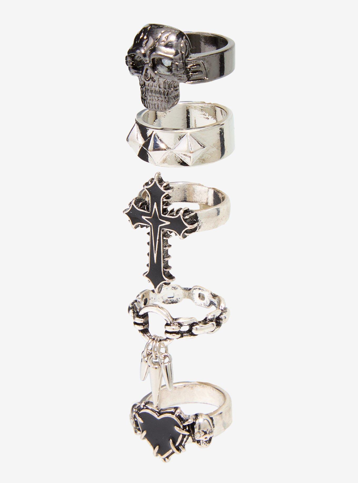 Social Collision Skull Cross Spike Statement Ring Set, , hi-res