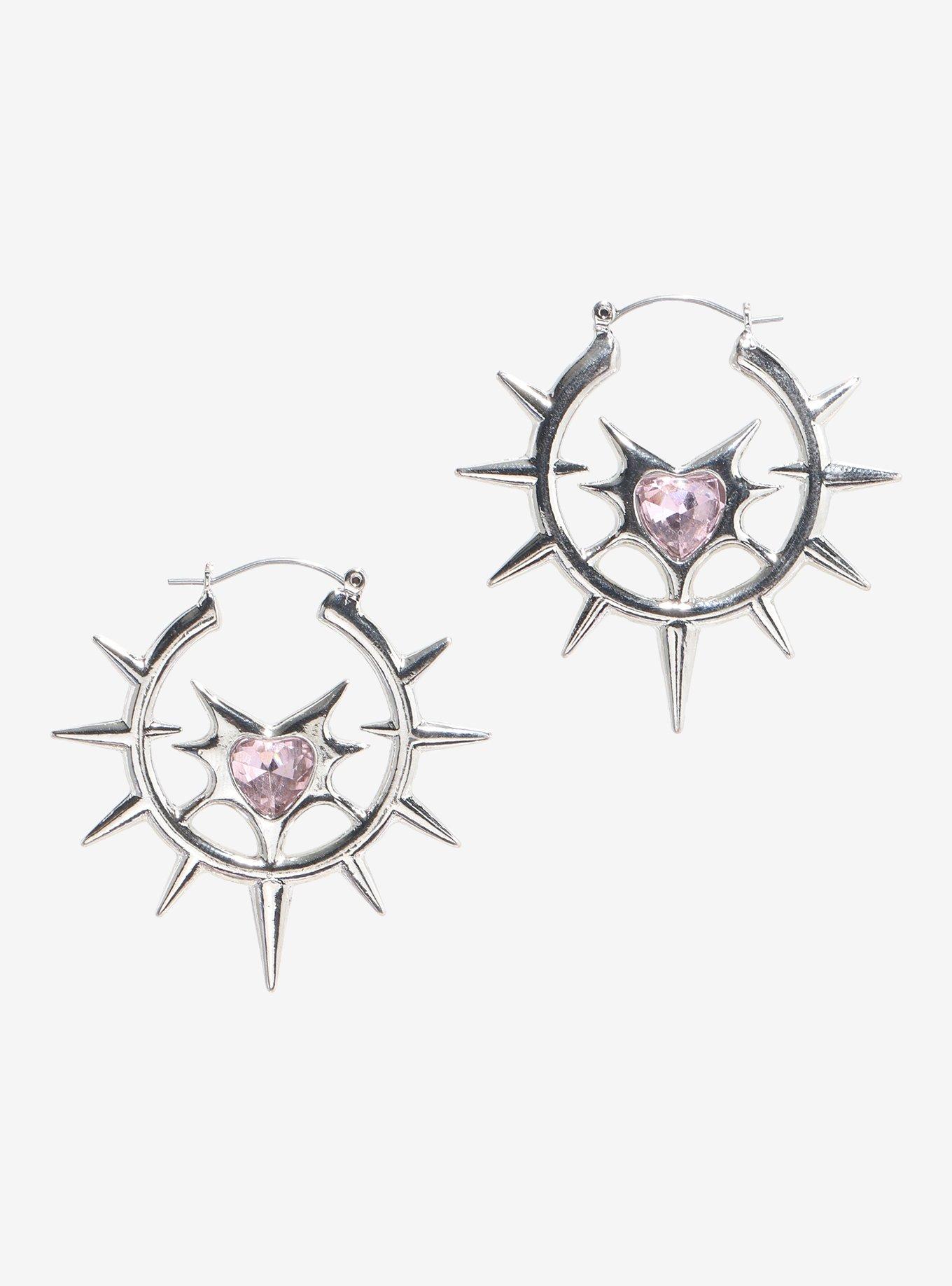 Social Collision Spike Cyber Heart Hoop Earrings, , hi-res