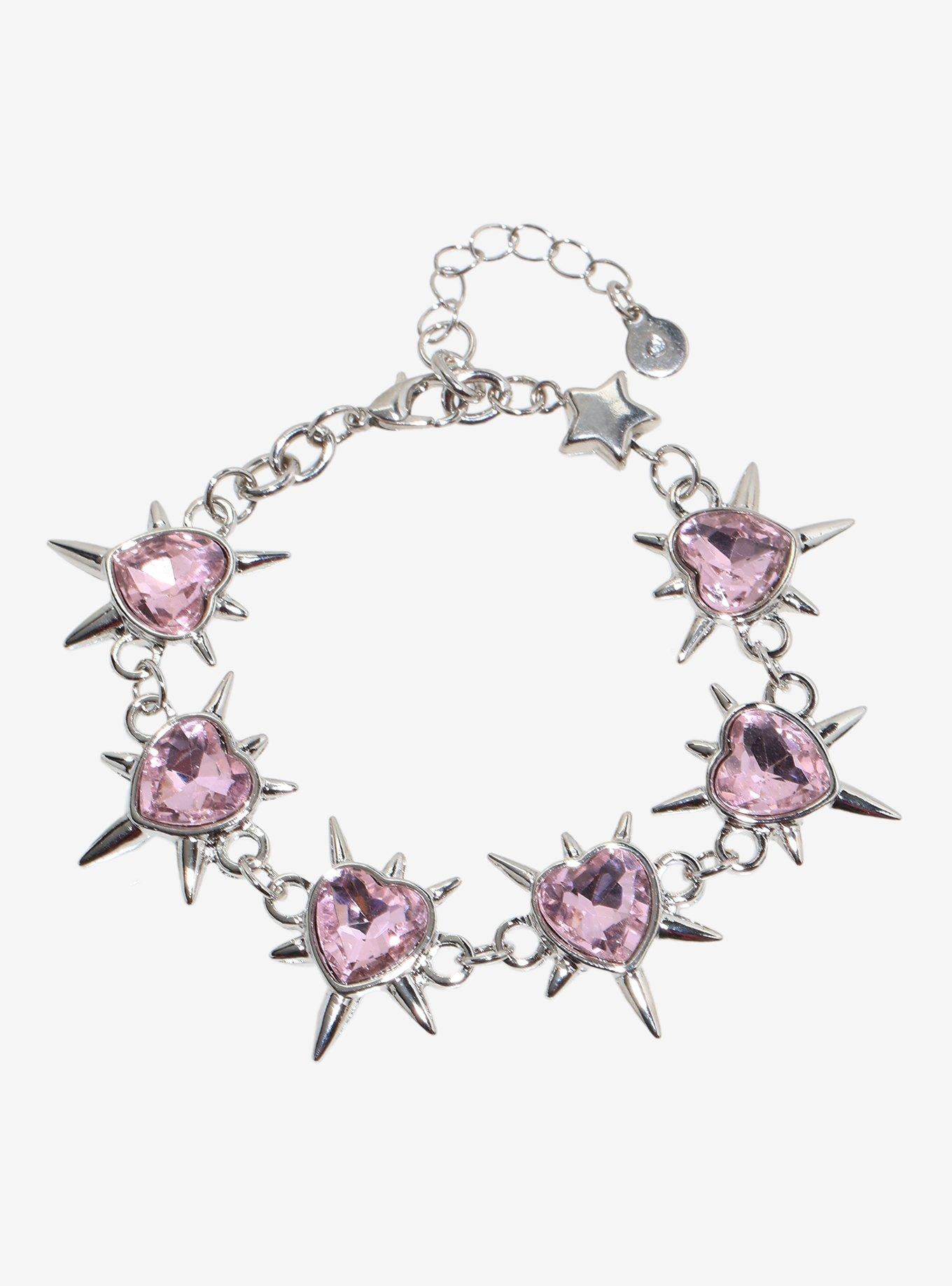 Social Collision Spiky Pink Hearts Charm Bracelet, , hi-res