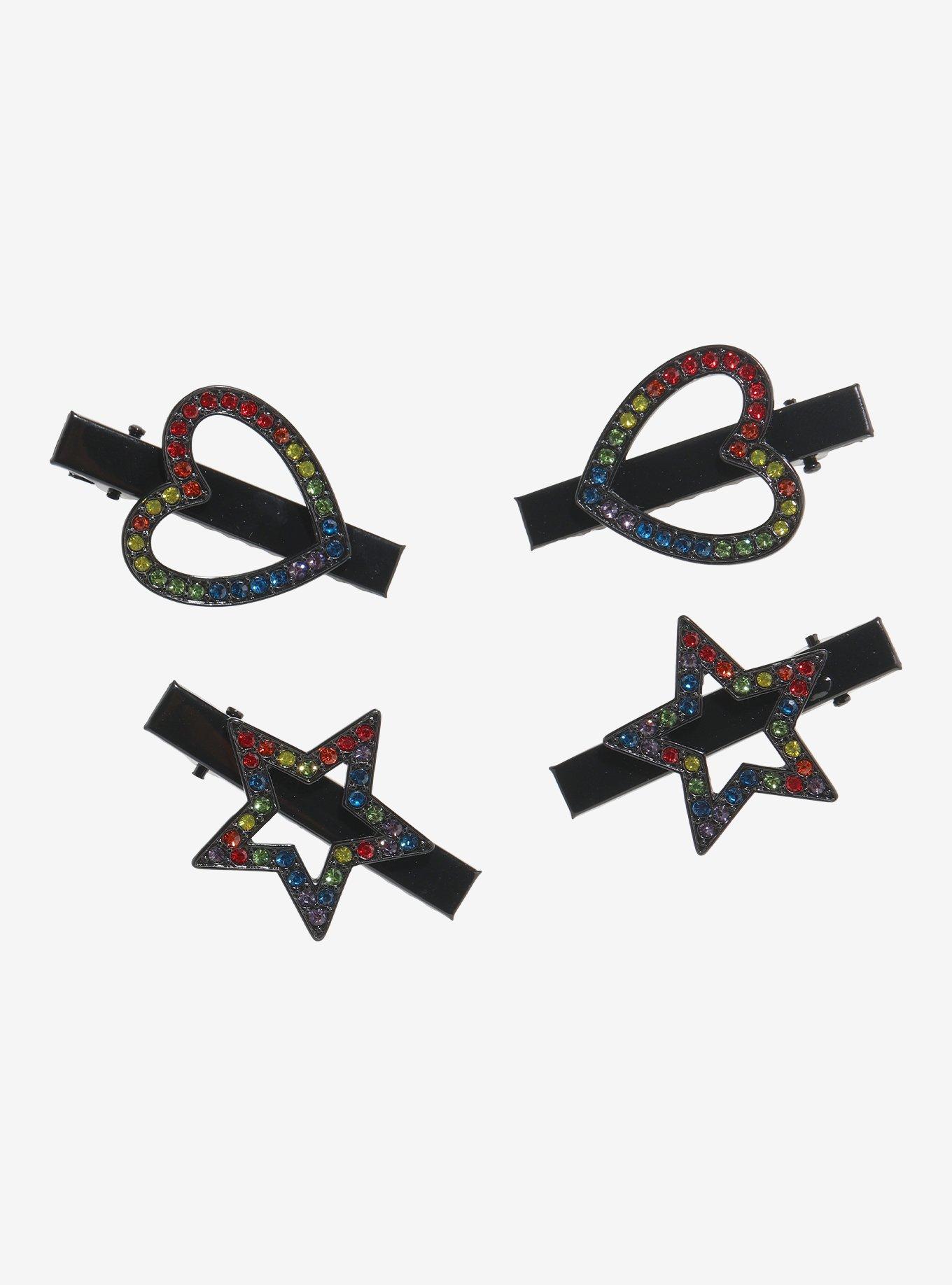 Sweet Society Rhinestone Rainbow Hearts & Stars Hair Clip Set, , hi-res