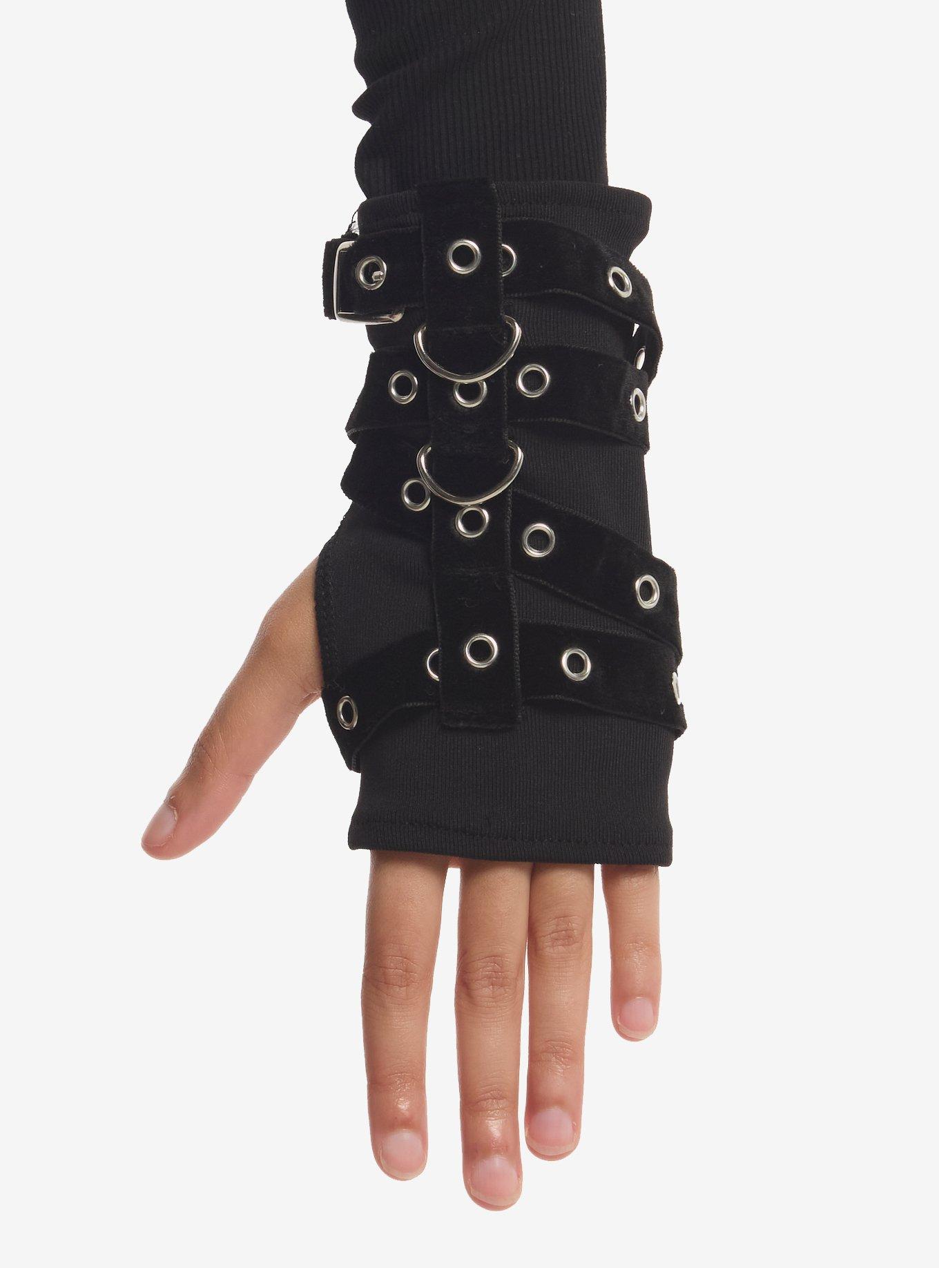 Black Grommet Strap Arm Warmers, , hi-res