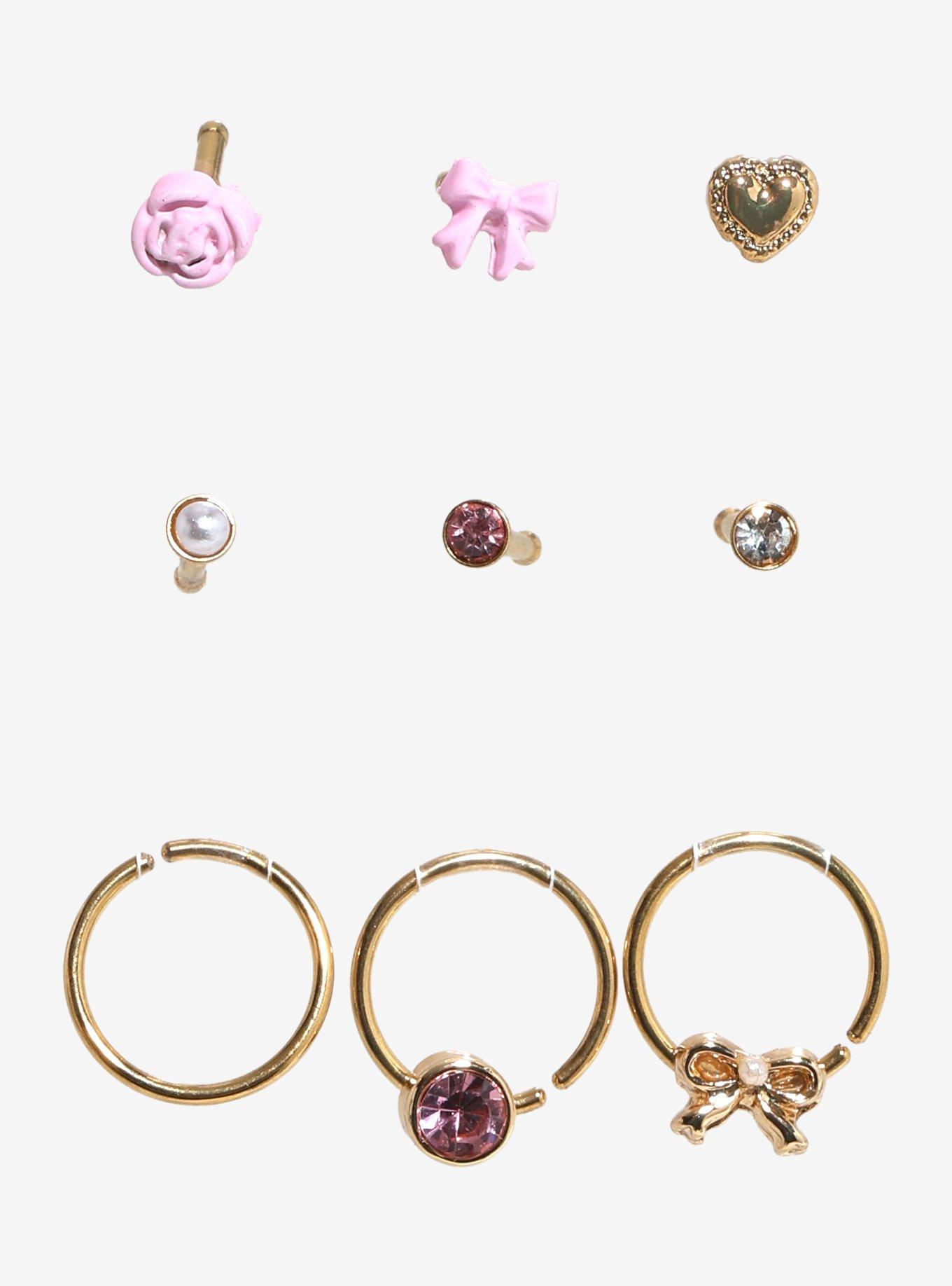 18G Steel Pink Rose Bow Nose Stud & Hoop 9 Pack, , hi-res