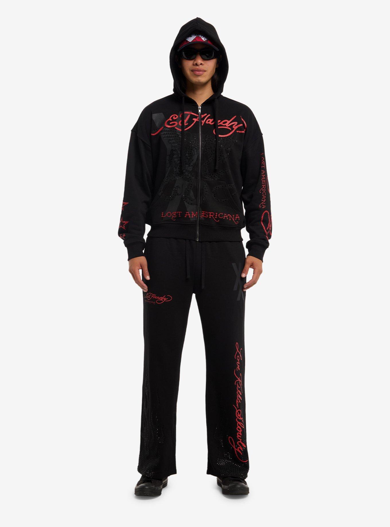 Ed Hardy X mgk Flames Rhinestone Hoodie, BLACK, alternate