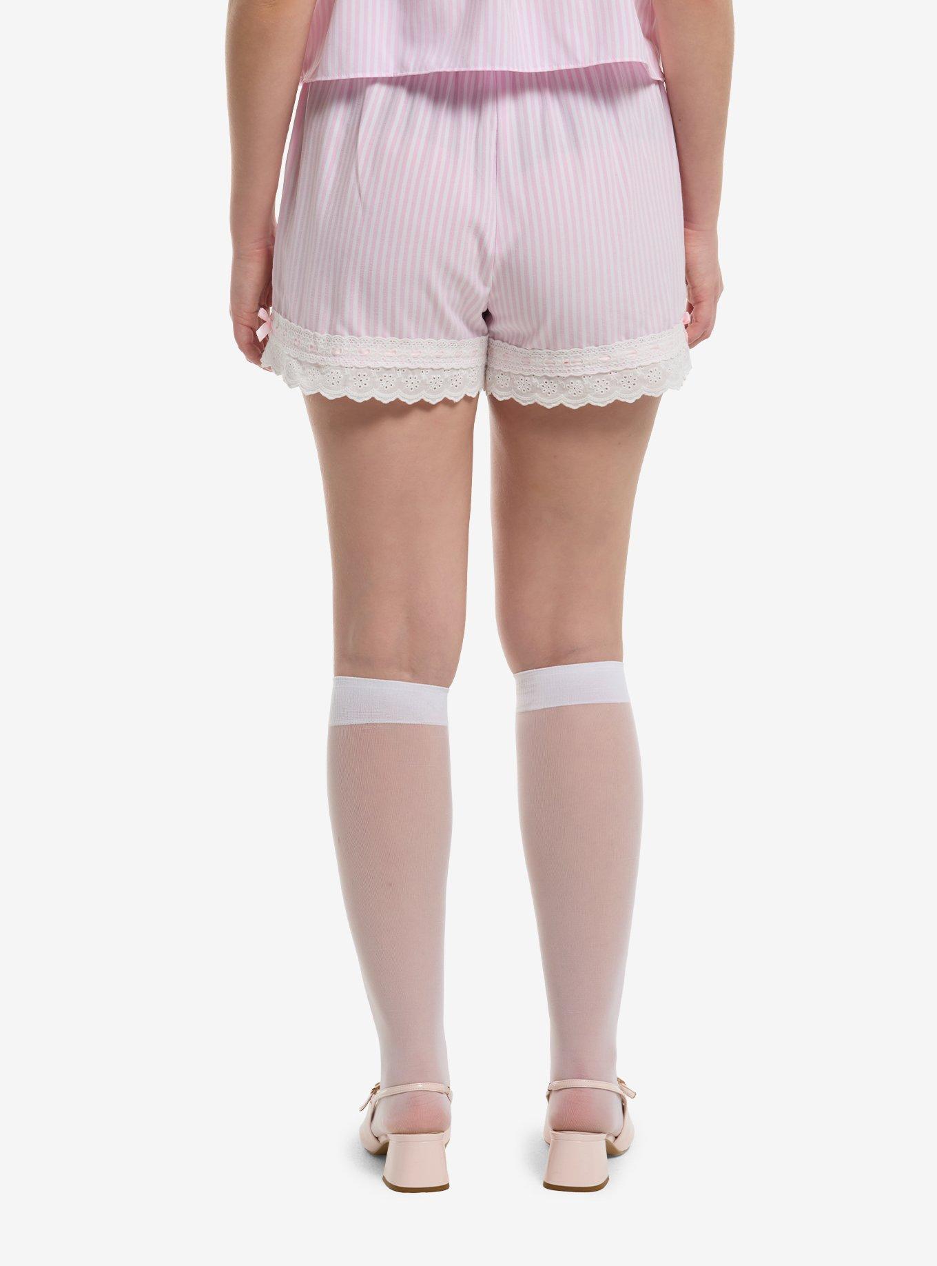 Sweet Society Pink & White Stripe Eyelet Trim Lounge Shorts, , hi-res