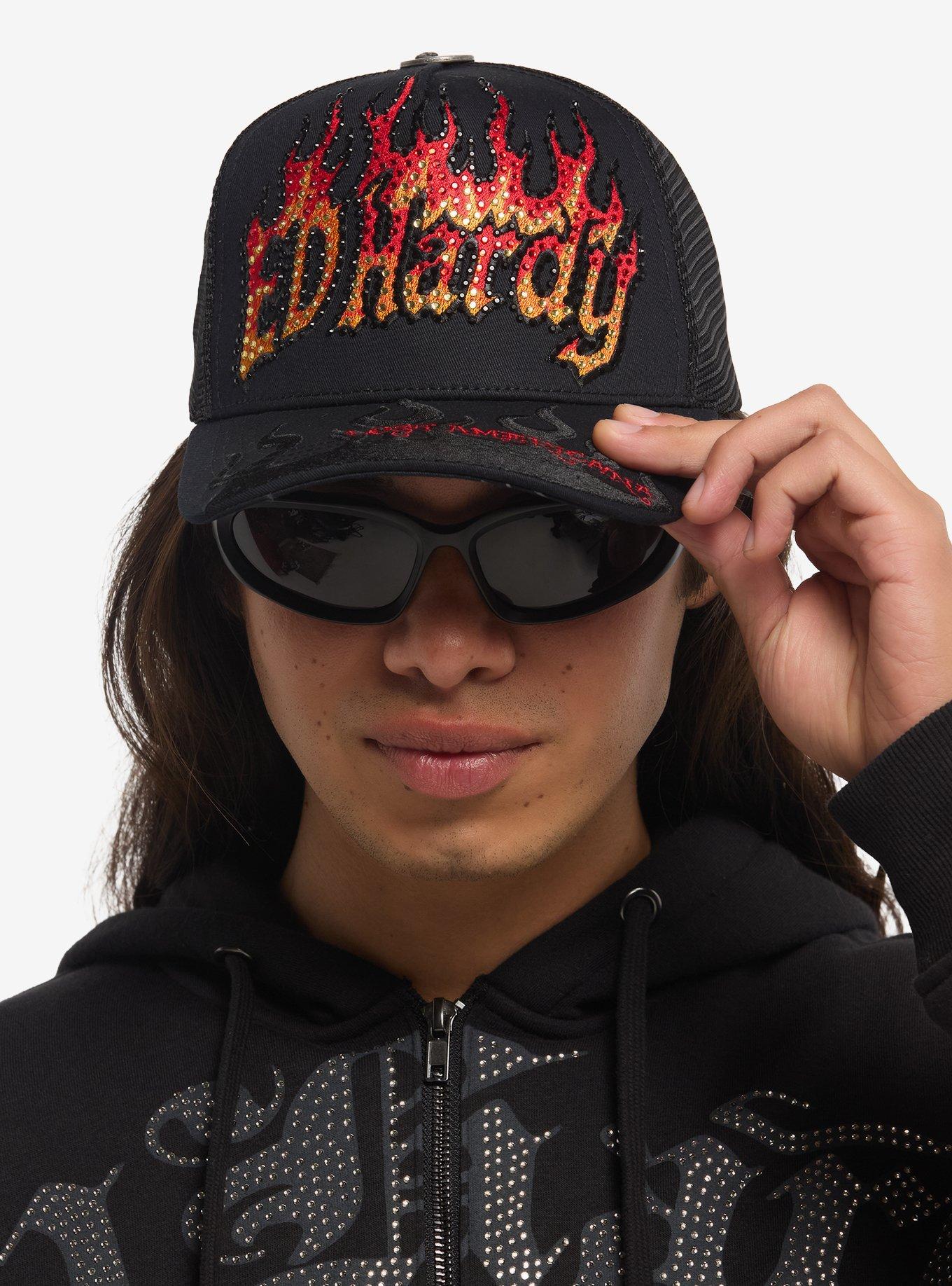 Ed Hardy X mgk Flames Rhinestone Trucker Hat, , alternate