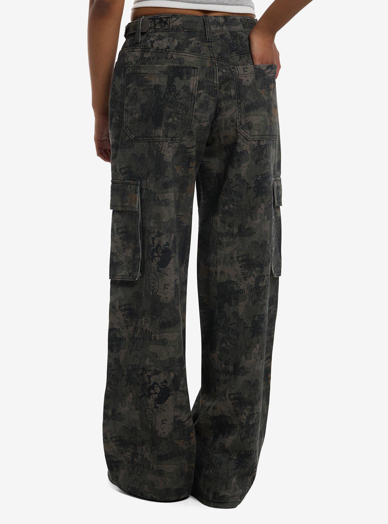 Graffiti Camo Print Cargo Pants With Side Chain, , hi-res