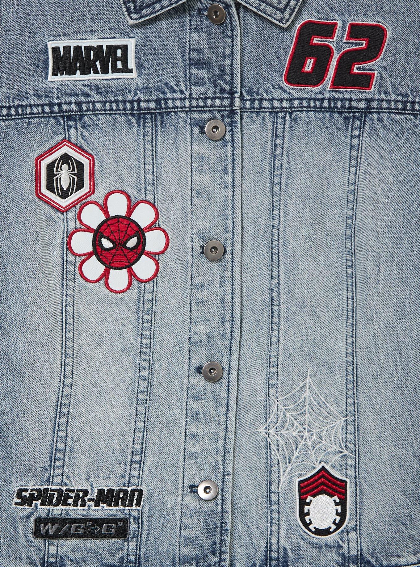 Marvel Spider-Man Embroidered Patches Plus Size Cropped Denim Jacket, MULTI, alternate - view 3
