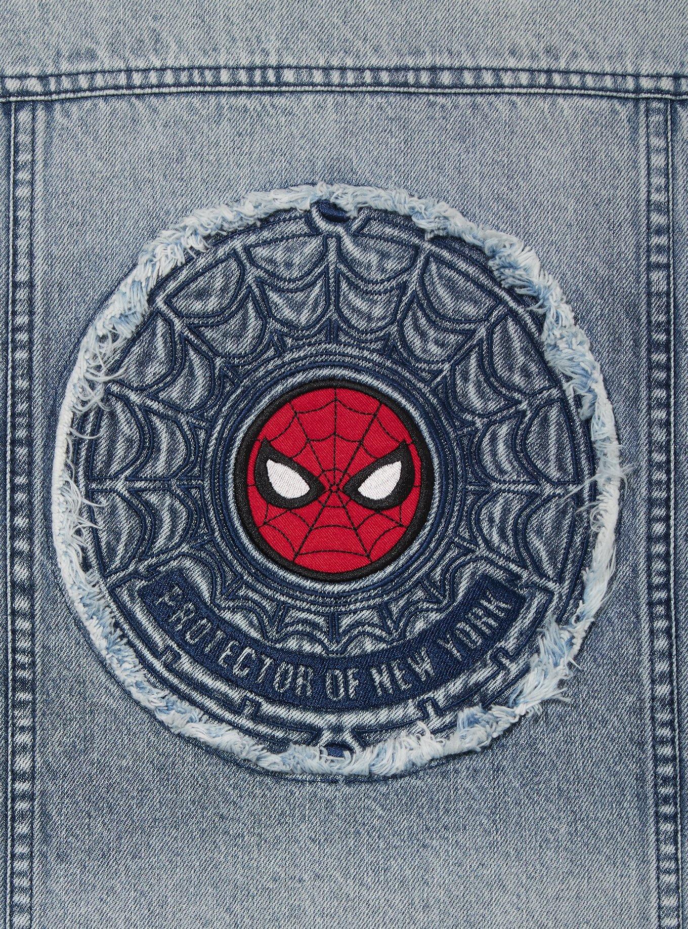 Marvel Spider-Man Embroidered Patches Plus Size Cropped Denim Jacket, MULTI, alternate - view 4