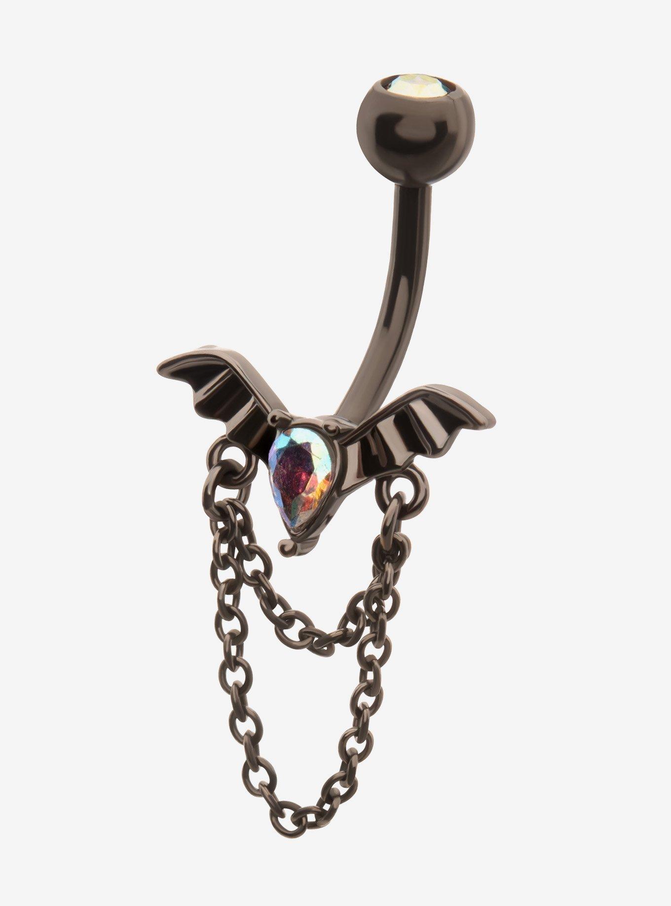 Steel Black Bat & Chains Navel Barbell, , hi-res