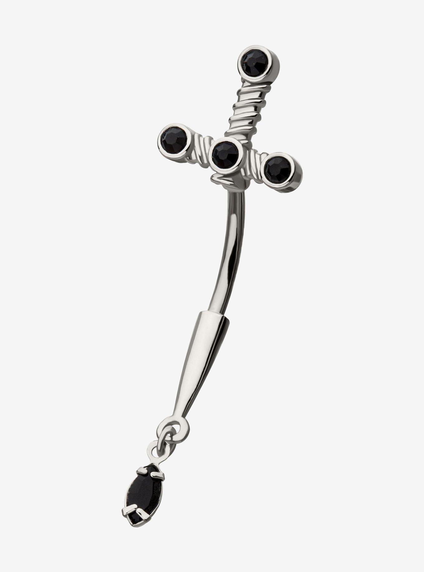 Steel Silver Black Jewel Dagger Navel Barbell, , hi-res