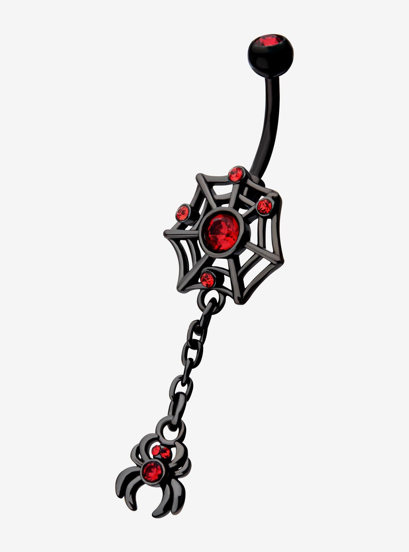 Black Steel Spiderweb Navel Barbell, , hi-res