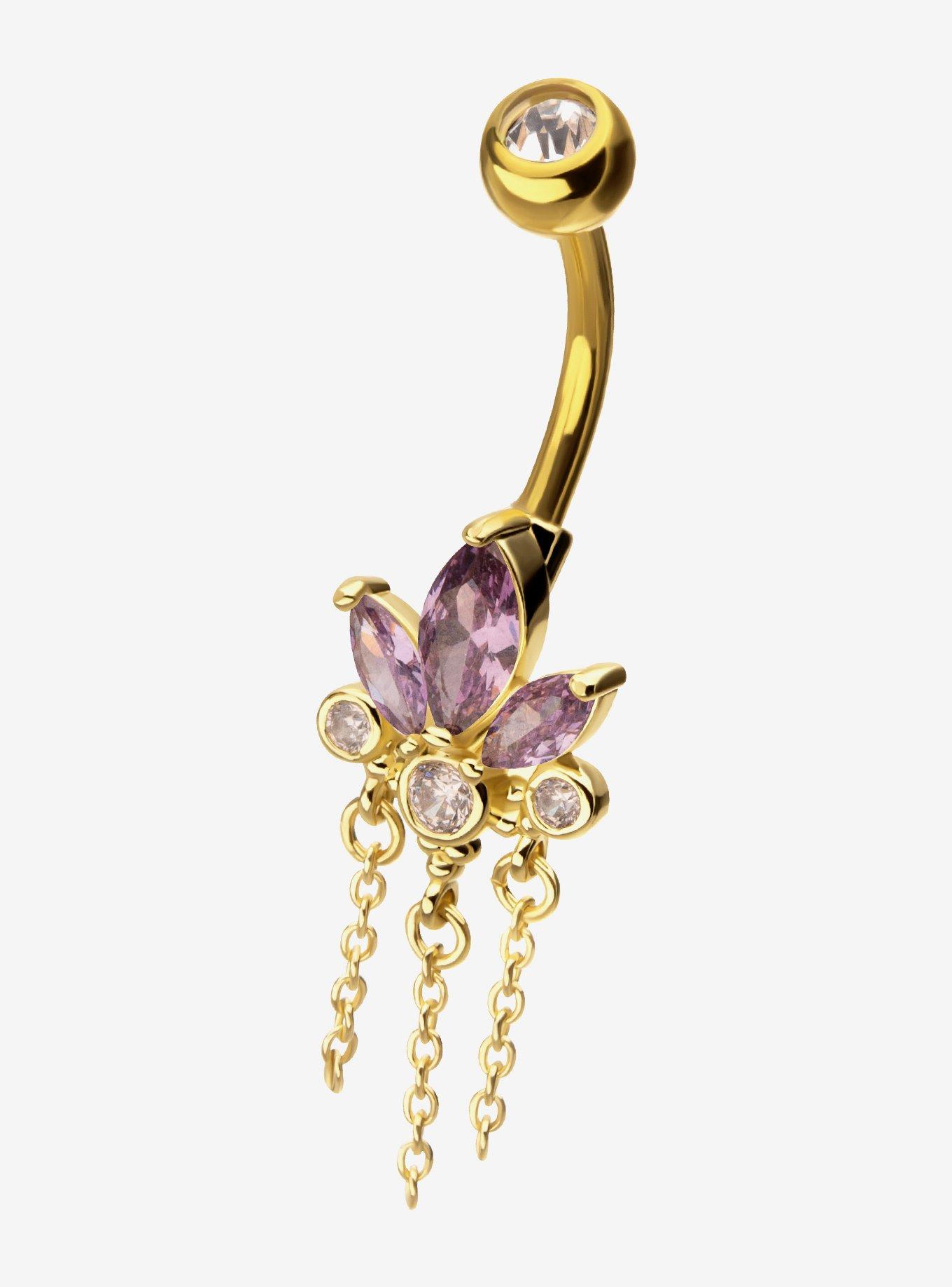 Steel Gold Lotus Flower Navel Barbell, , hi-res