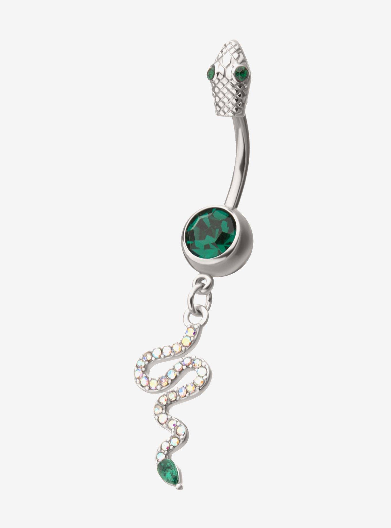 Steel Silver Snake & Green Gem Navel Barbell, , hi-res