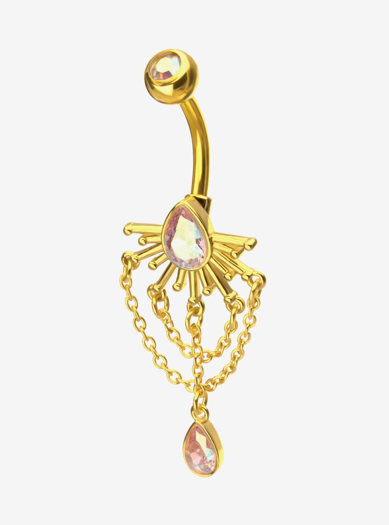 Steel Gold Pear Gem & Chains Navel Barbell, , hi-res