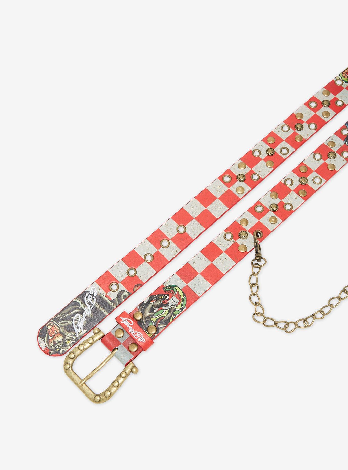 Ed Hardy Red & White Checker Chain Belt, , hi-res