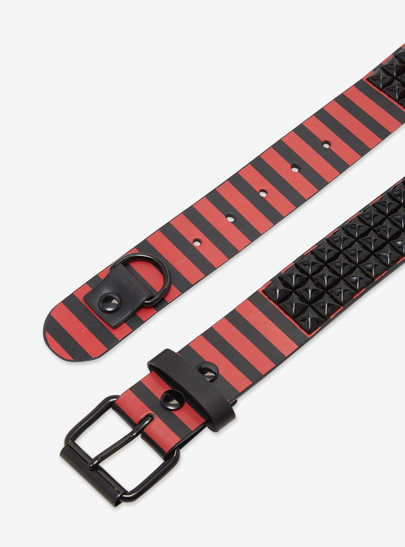 Red & Black Stripe Pyramid Stud Belt, , hi-res