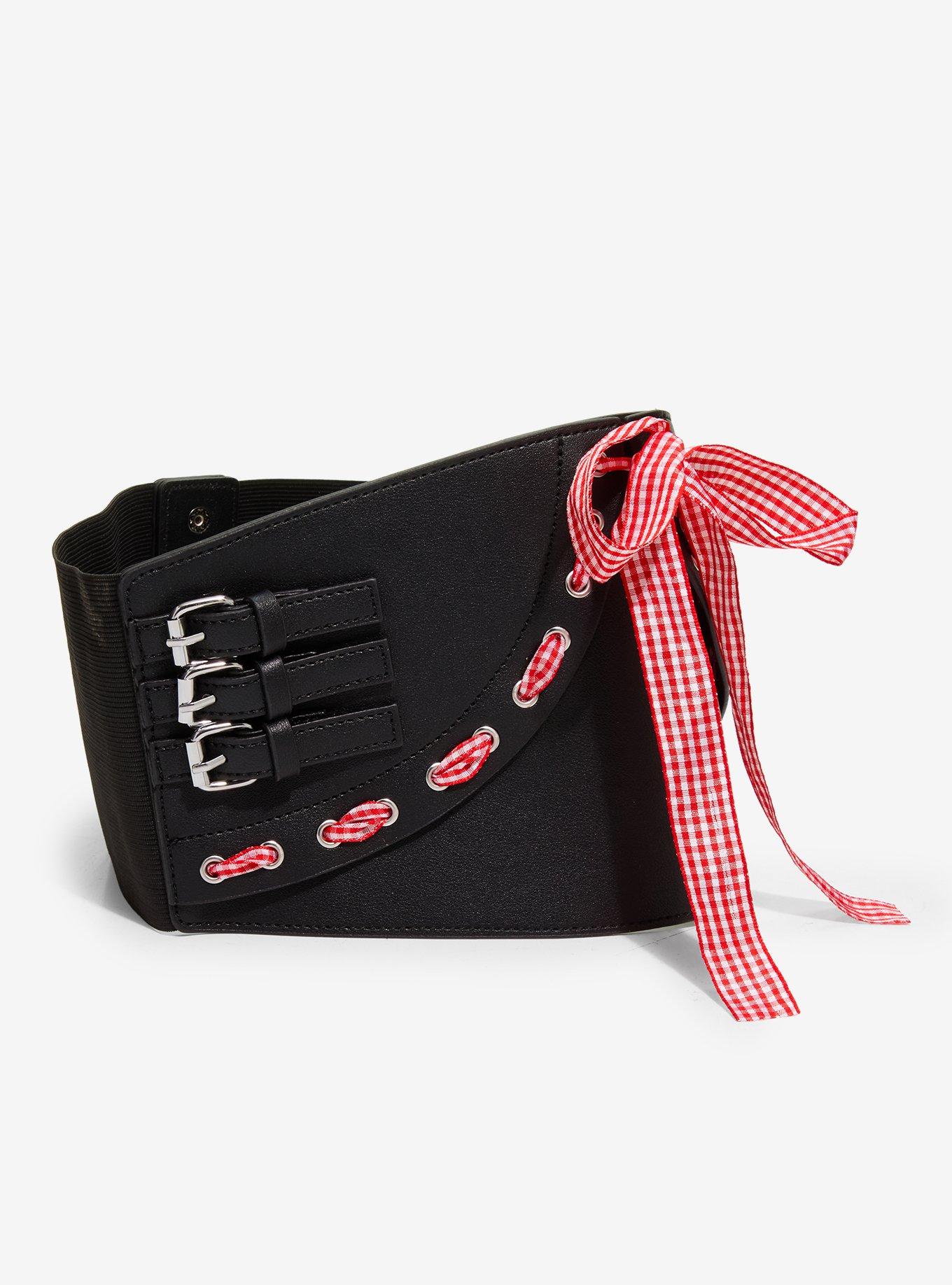 Red Gingham Ribbon Buckle Corset, BLACK, alternate - view 3