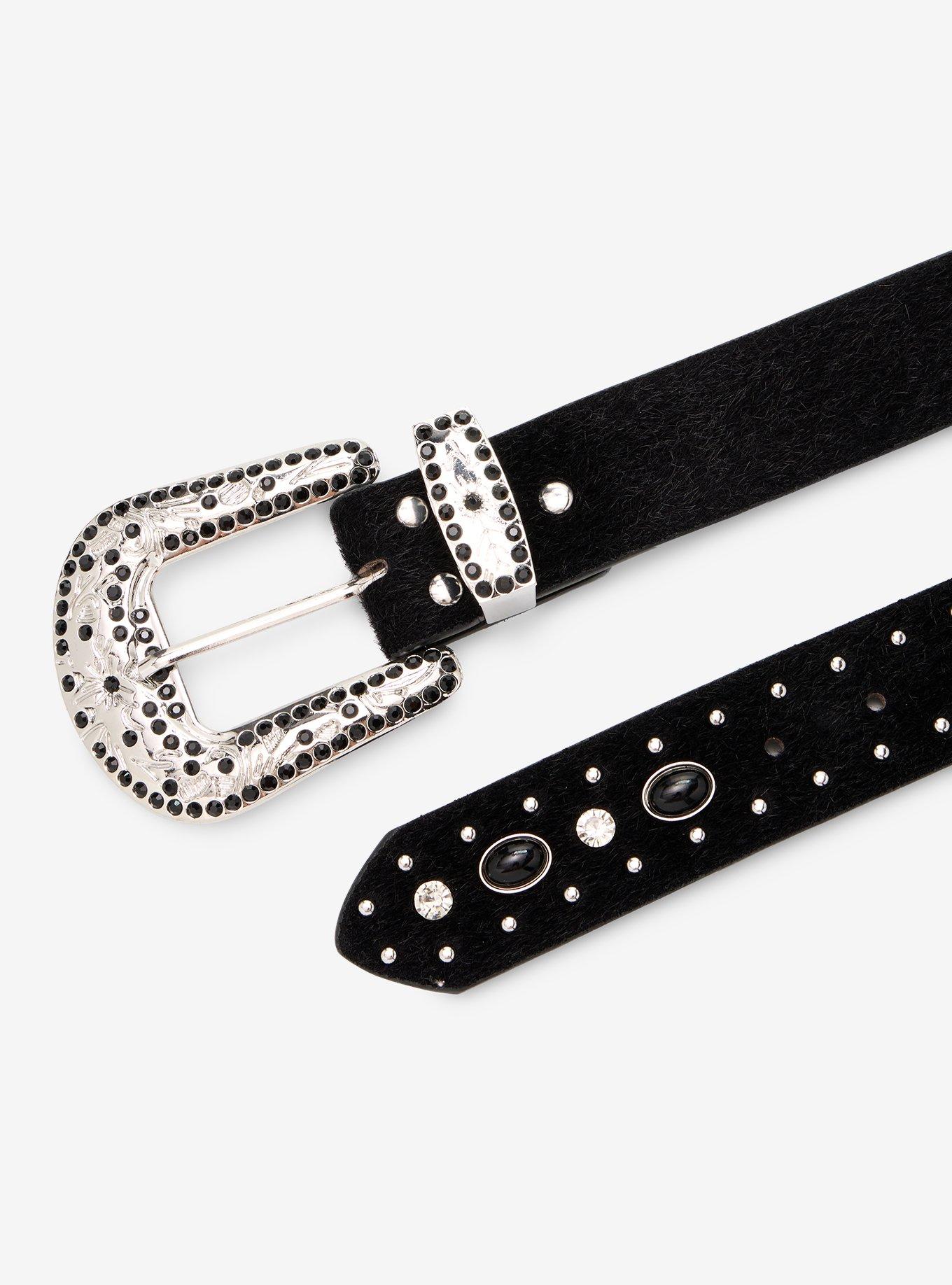 Black Faux Fur Stud & Gem Belt, , hi-res