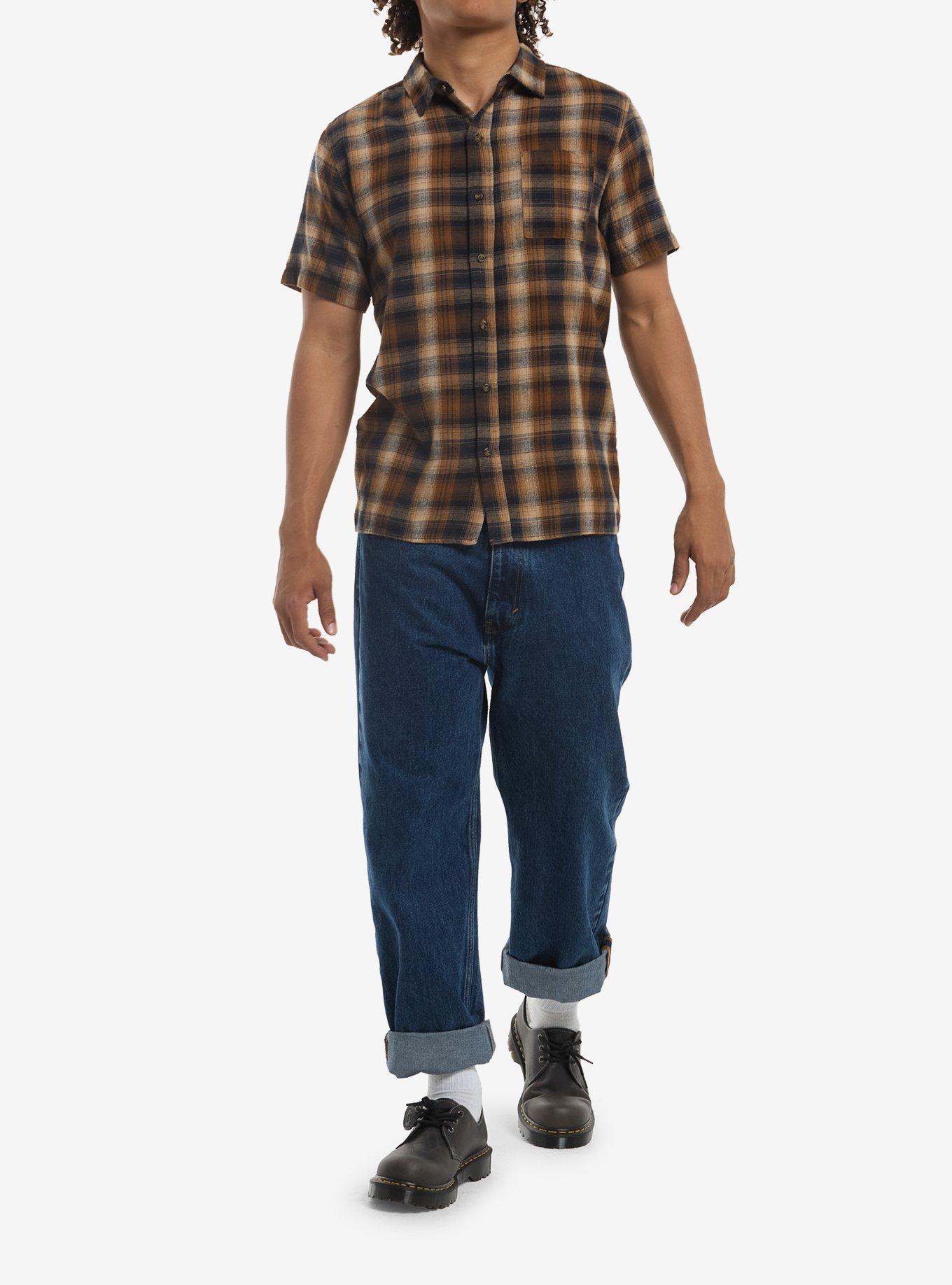 Winged Skull Plaid Woven Button-Up, BLACK, alternate