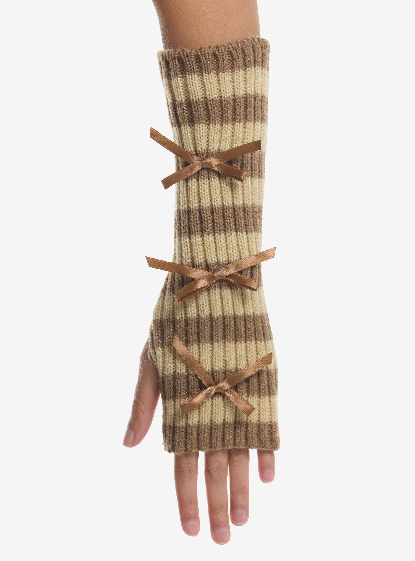 Brown & Cream Stripe Bow Ribbed Arm Warmers, , hi-res