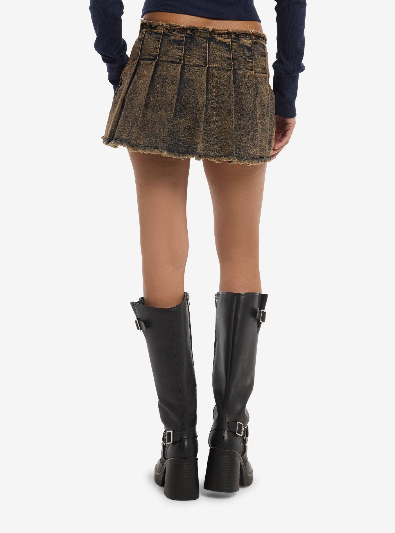 Brown Wash Denim Pleated Mini Skort, MULTI, alternate - view 2