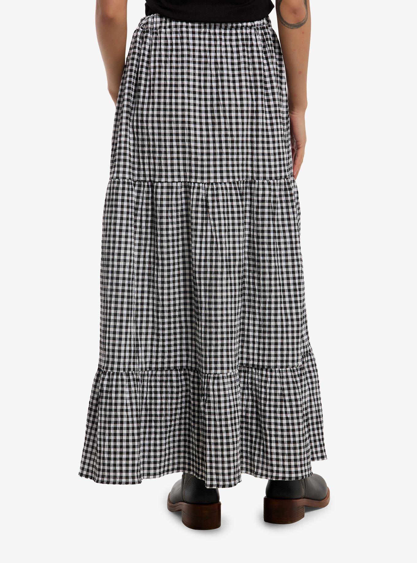 Black & White Gingham Tiered Midi Skirt, , hi-res