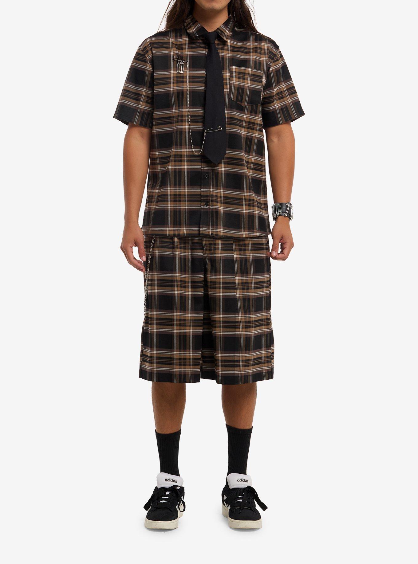 Brown & Black Plaid Woven Button-Up With Tie, , hi-res