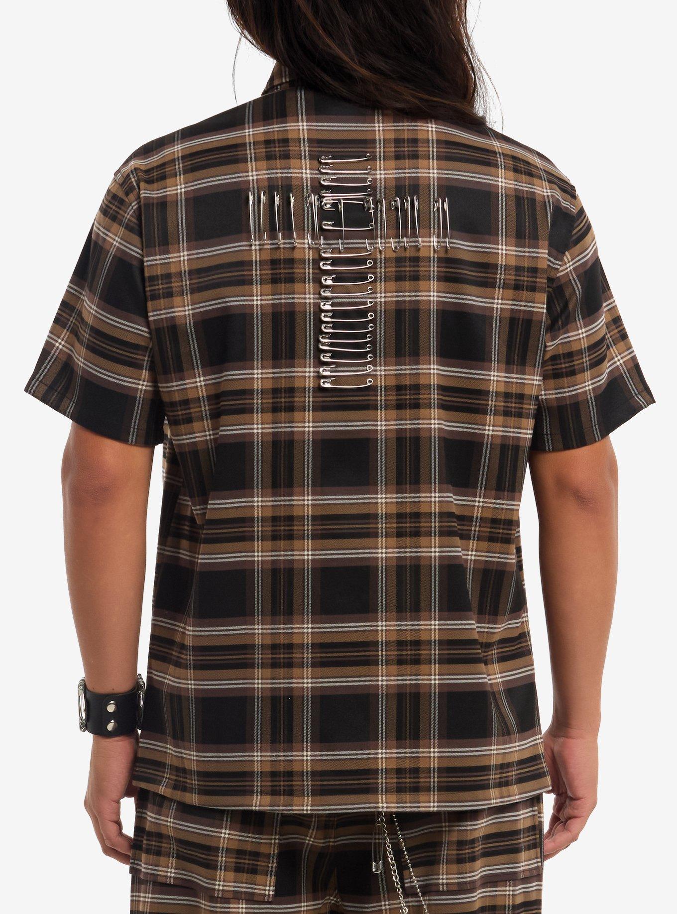 Brown & Black Plaid Woven Button-Up With Tie, BLACK, alternate