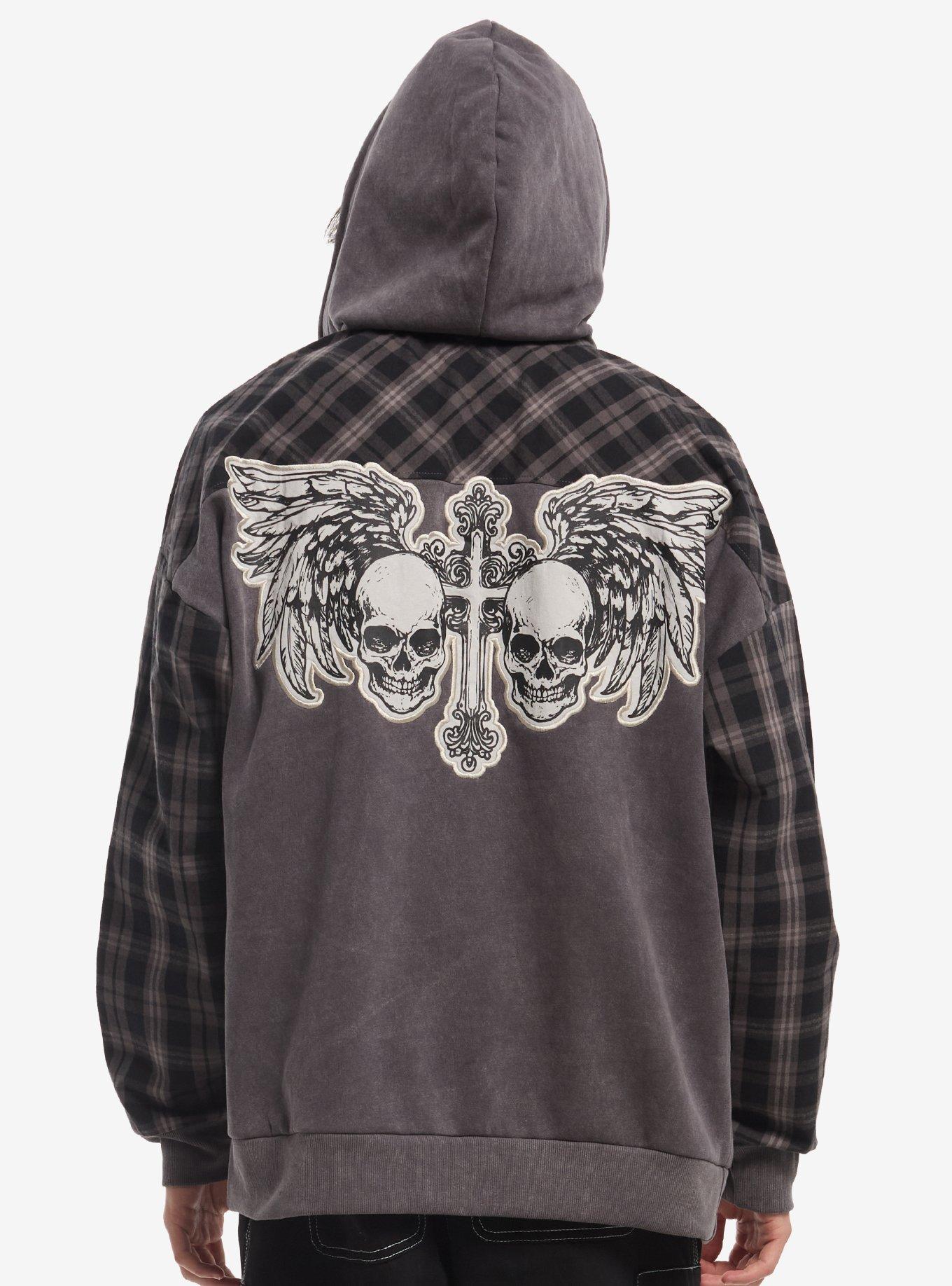 Grey Plaid Skull Wing Cross Hoodie, , hi-res